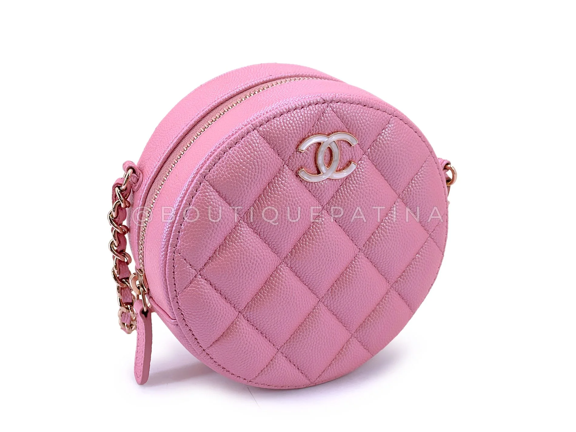 Chanel 19S Pearly Pink Caviar Pearly CC Round Drum Mini Shoulder Bag GHW V3M - Image 3