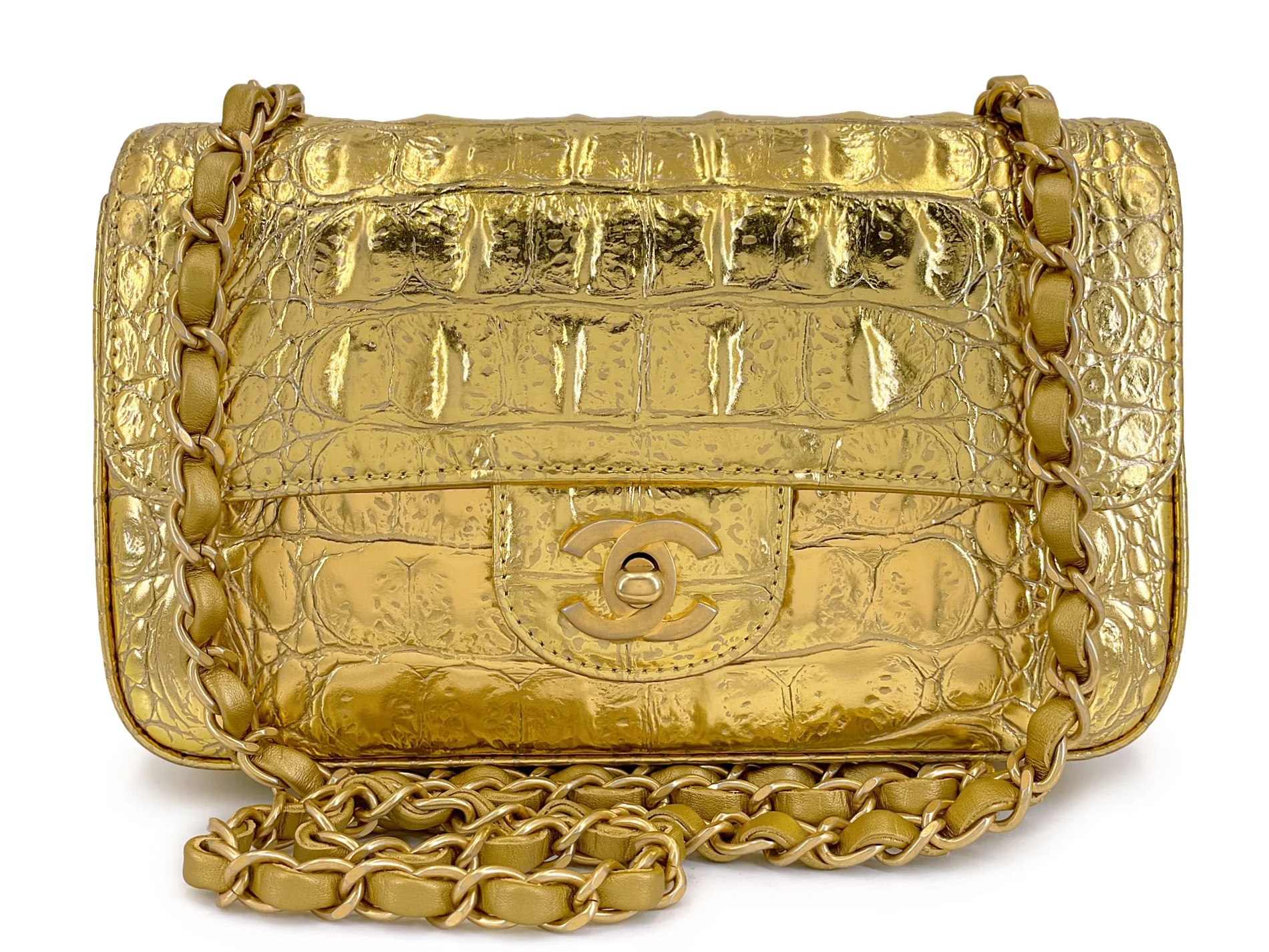 Chanel 19A Gold Crocodile Print Egyptian Mini Flap Bag GHW DG1