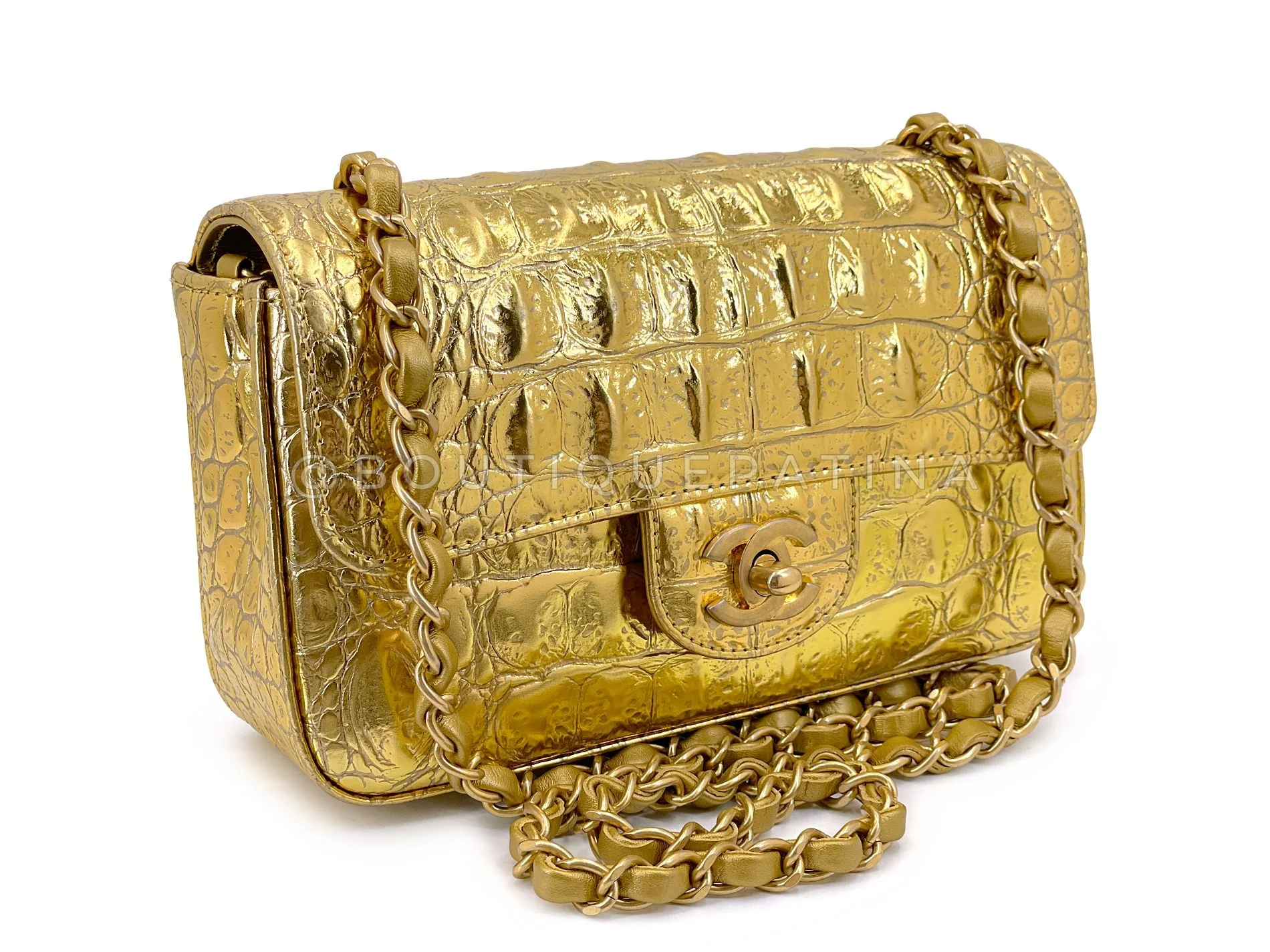 Chanel 19A Gold Crocodile Print Egyptian Mini Flap Bag GHW DG1 - Image 2