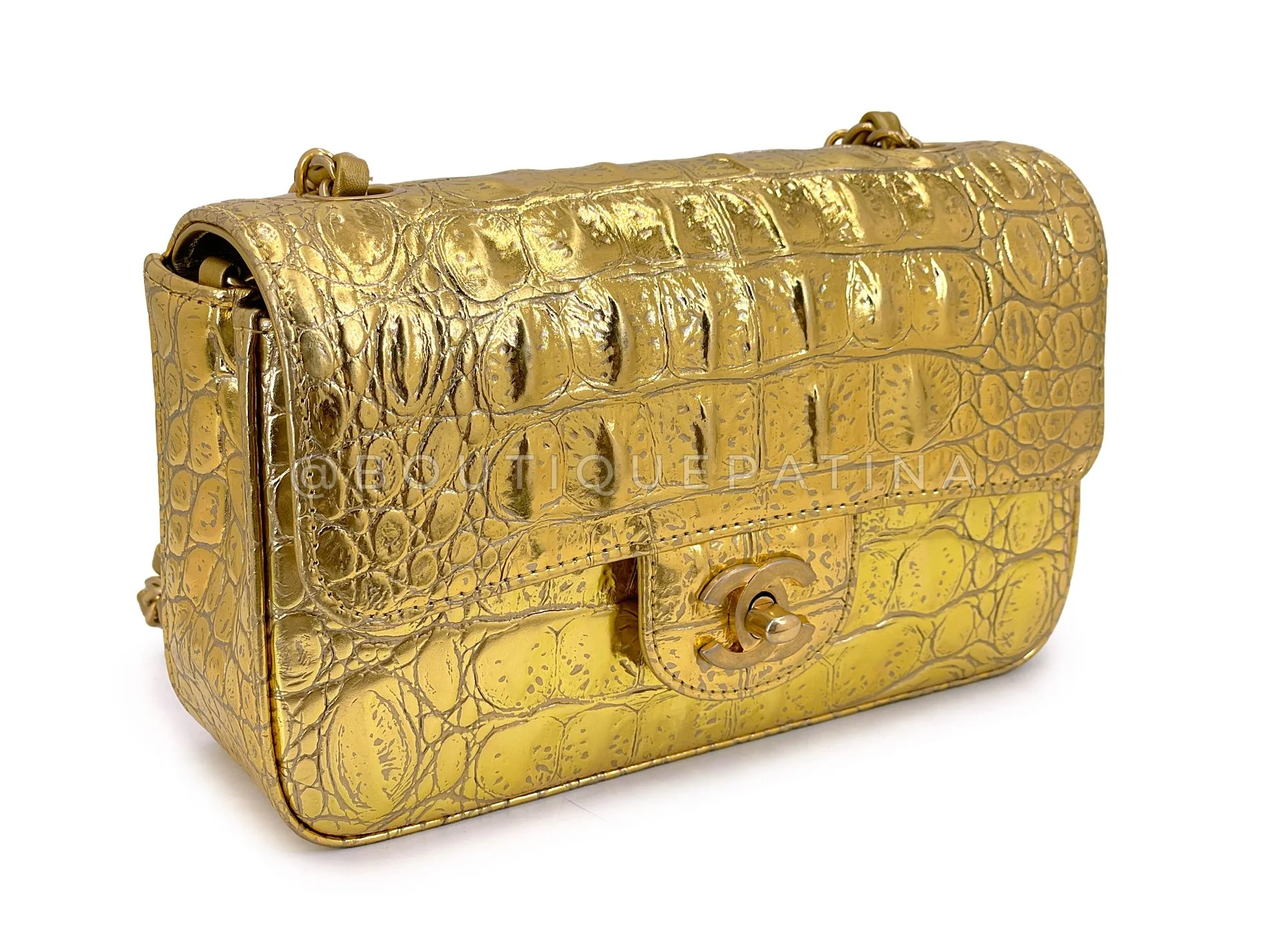 Chanel 19A Gold Crocodile Print Egyptian Mini Flap Bag GHW DG1 - Image 3
