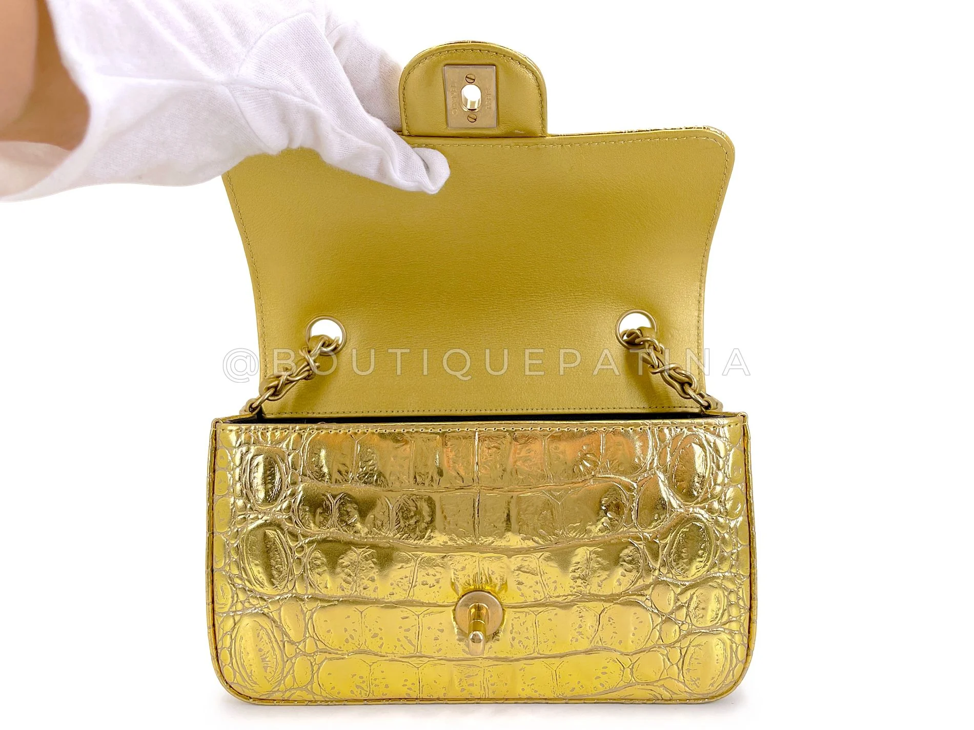 Chanel 19A Gold Crocodile Print Egyptian Mini Flap Bag GHW DG1 - Image 9