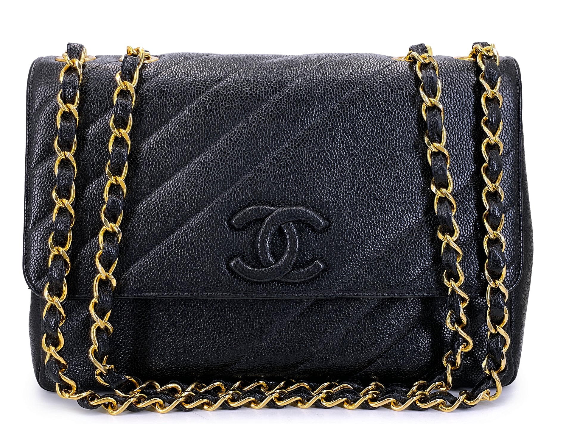 Chanel Vintage Caviar Covered CC Jumbo Flap Bag Black H4F
