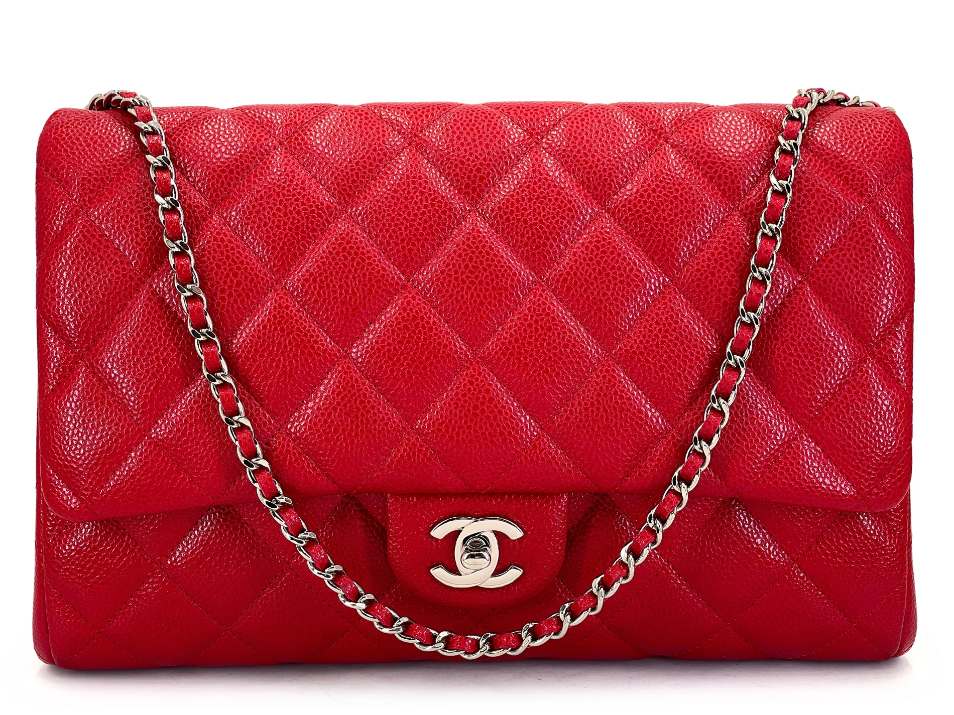 Chanel 2012 Red Caviar Timeless Classic Clutch on Chain Bag SHW YXQ
