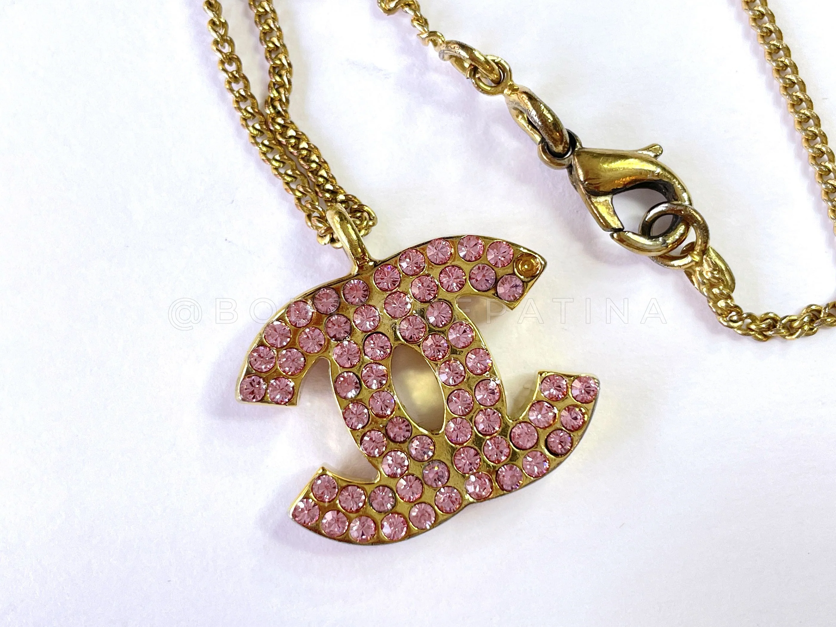 Chanel 02P Vintage Pink Crystal Studded Gold Necklace - Image 3