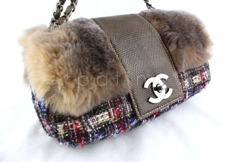 Chanel 10in. Lizard Chain Tweed Fur Vested Classic Flap Bag - Image 2