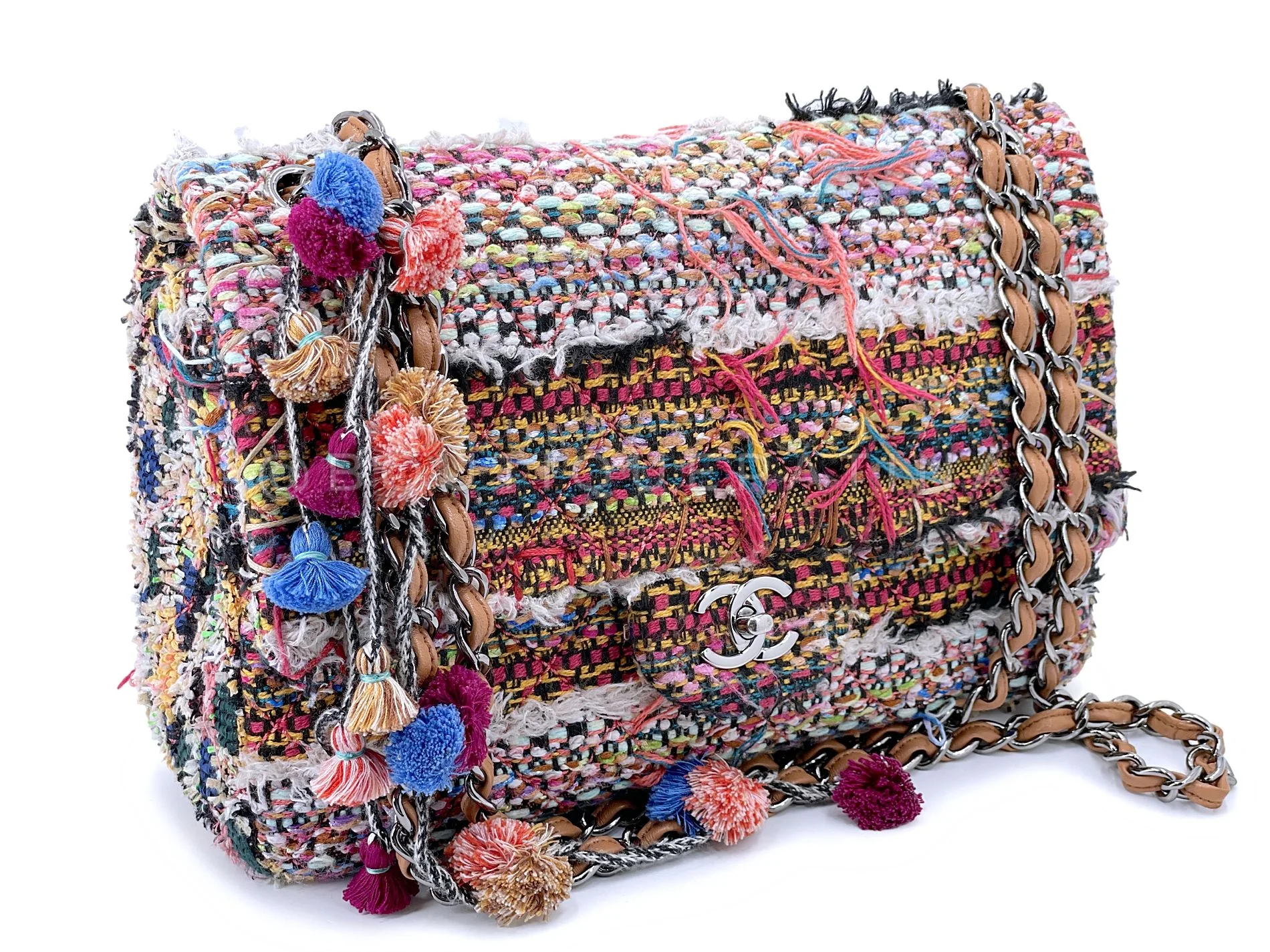 Chanel 15C Paris Dubai Pom Pom Tweed Jumbo Flap Bag RHW Rainbow RYK - Image 2