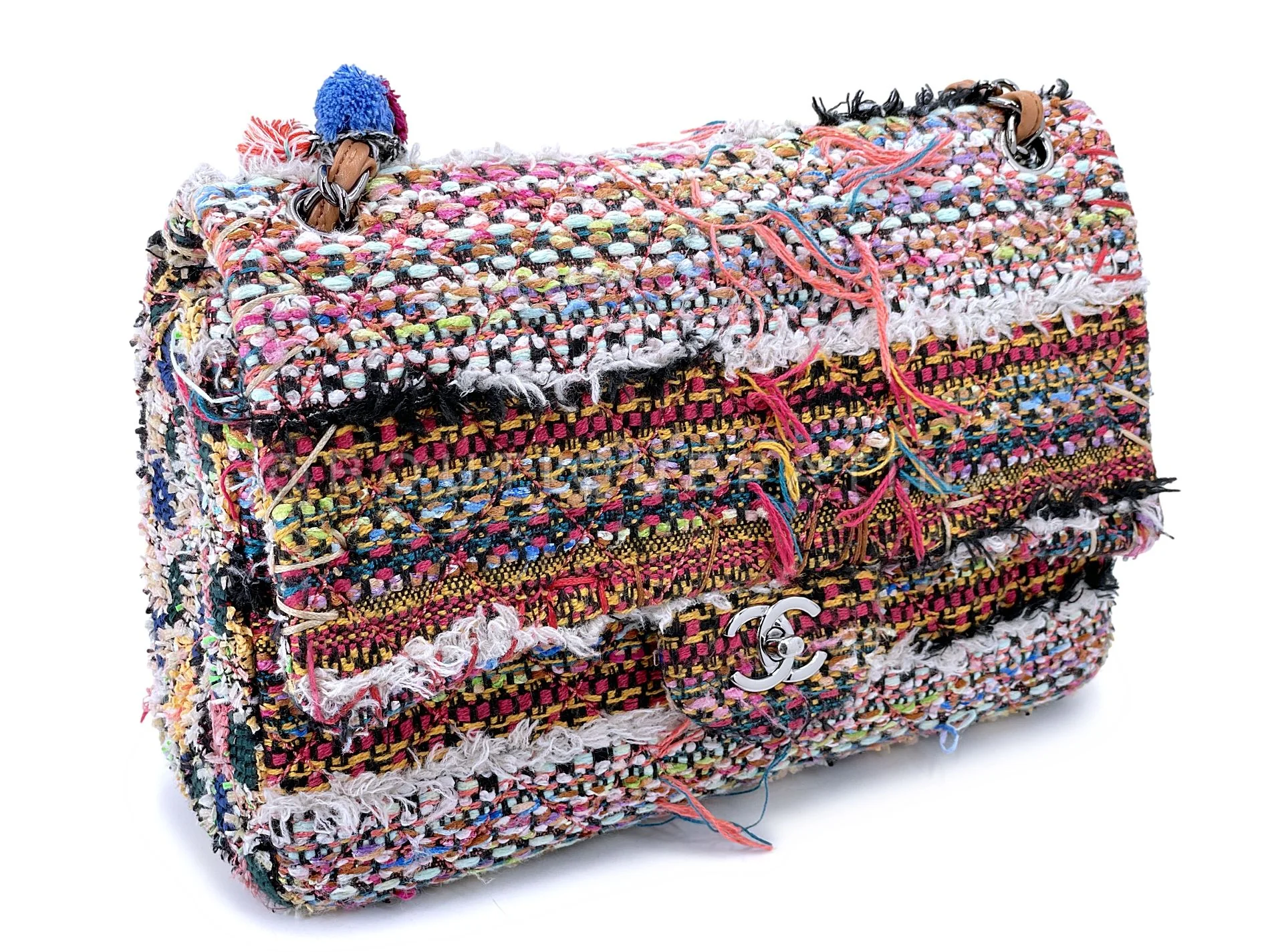 Chanel 15C Paris Dubai Pom Pom Tweed Jumbo Flap Bag RHW Rainbow RYK - Image 3