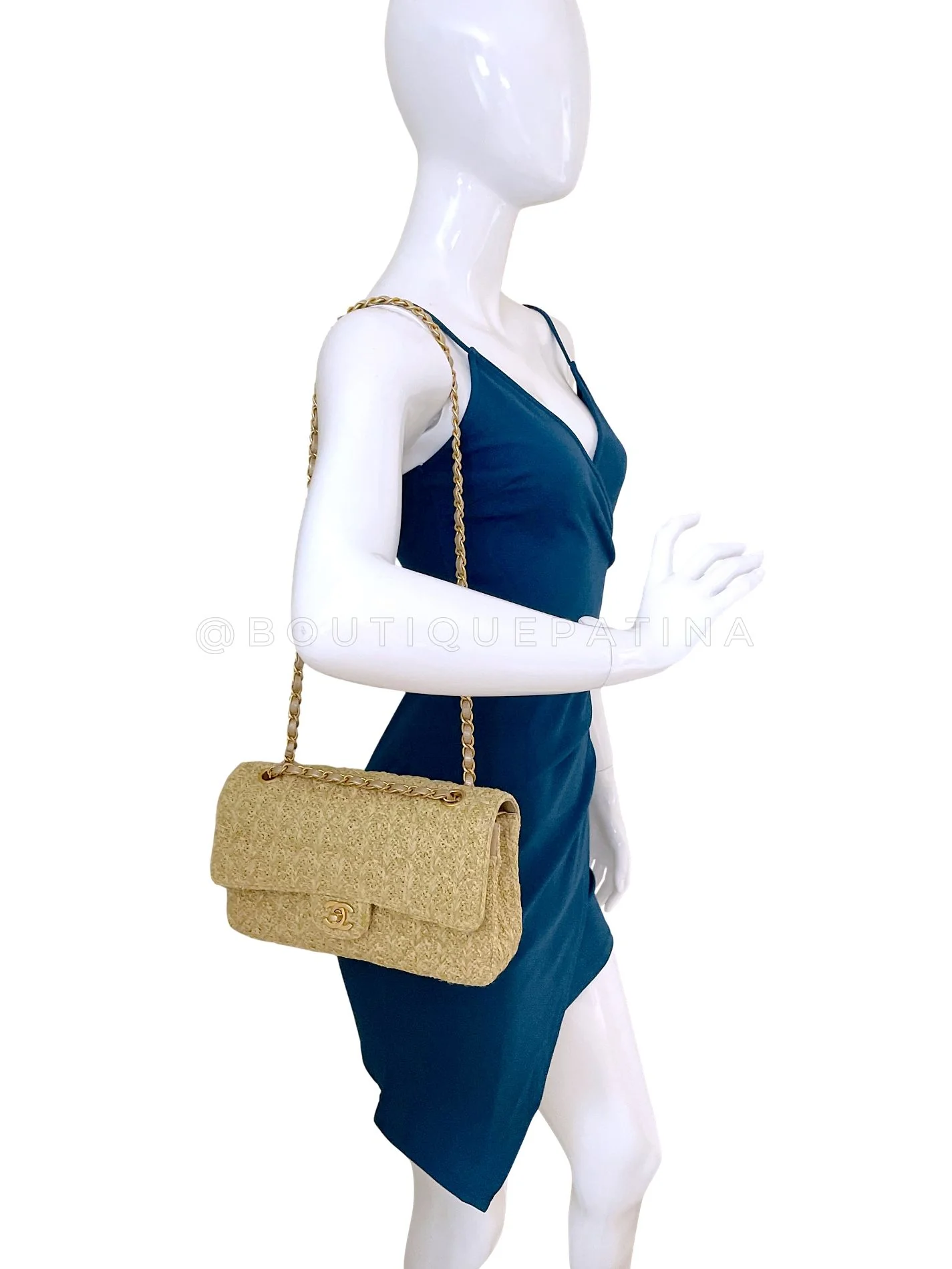 Chanel 18C Beige Raffia Medium Classic Double Flap Bag GHW Paris Athens MWZ - Image 15