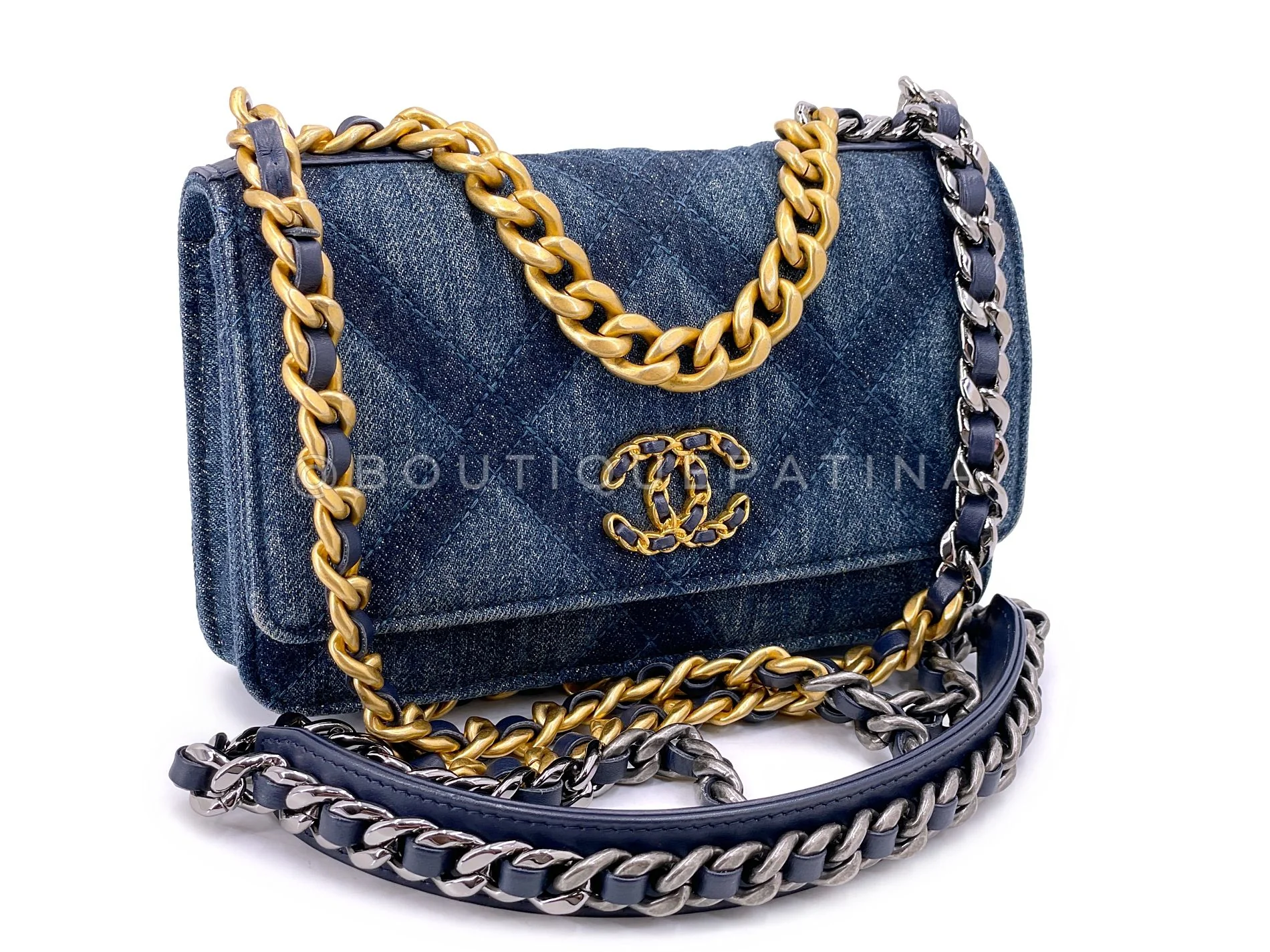 Chanel 19 Blue Denim Wallet on Chain WOC Bag 2PE - Image 2