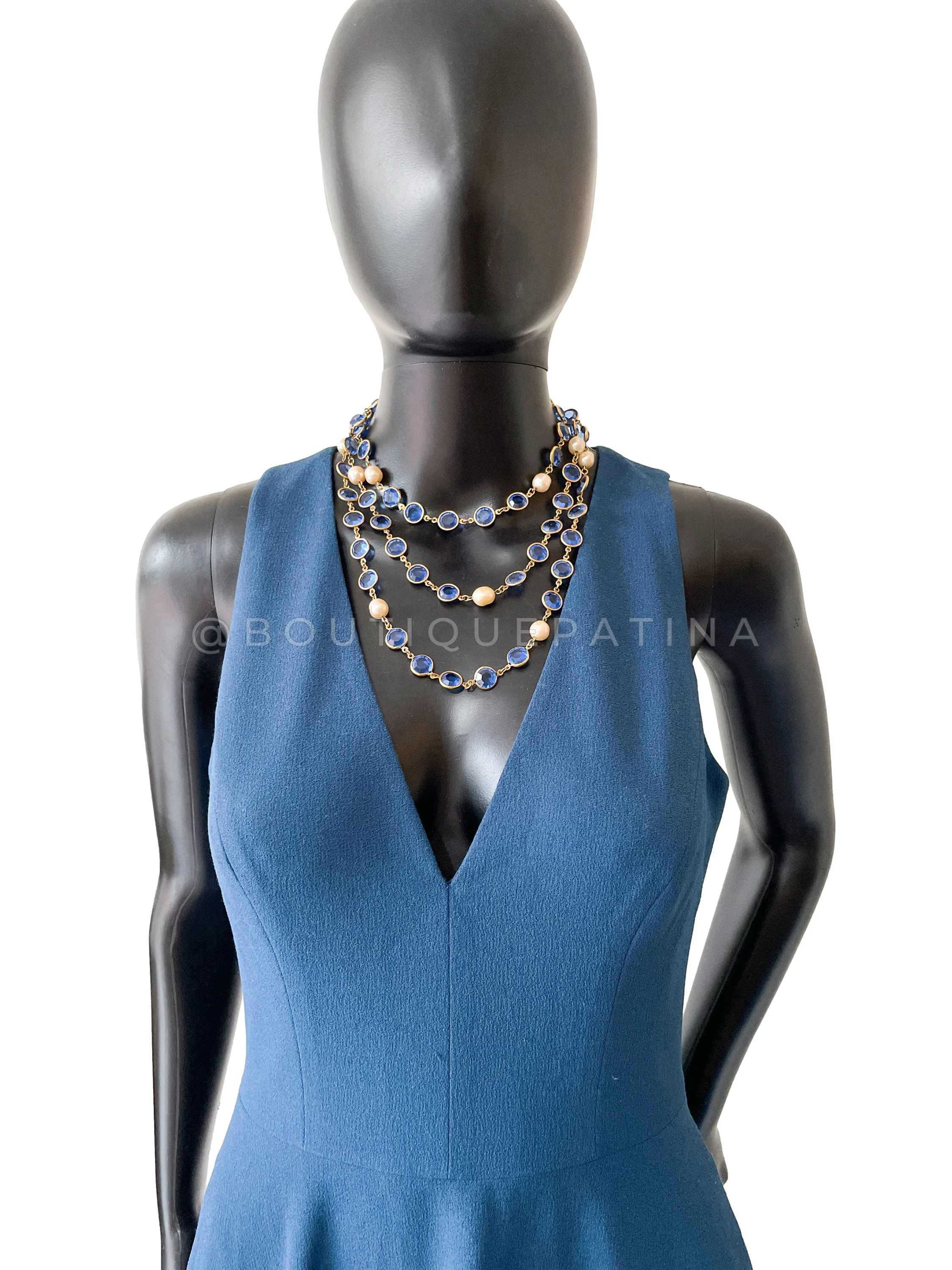 Chanel 1981 Vintage Blue Crystal and Pearl Chicklet Sautoir Station Strand Necklace - Image 4