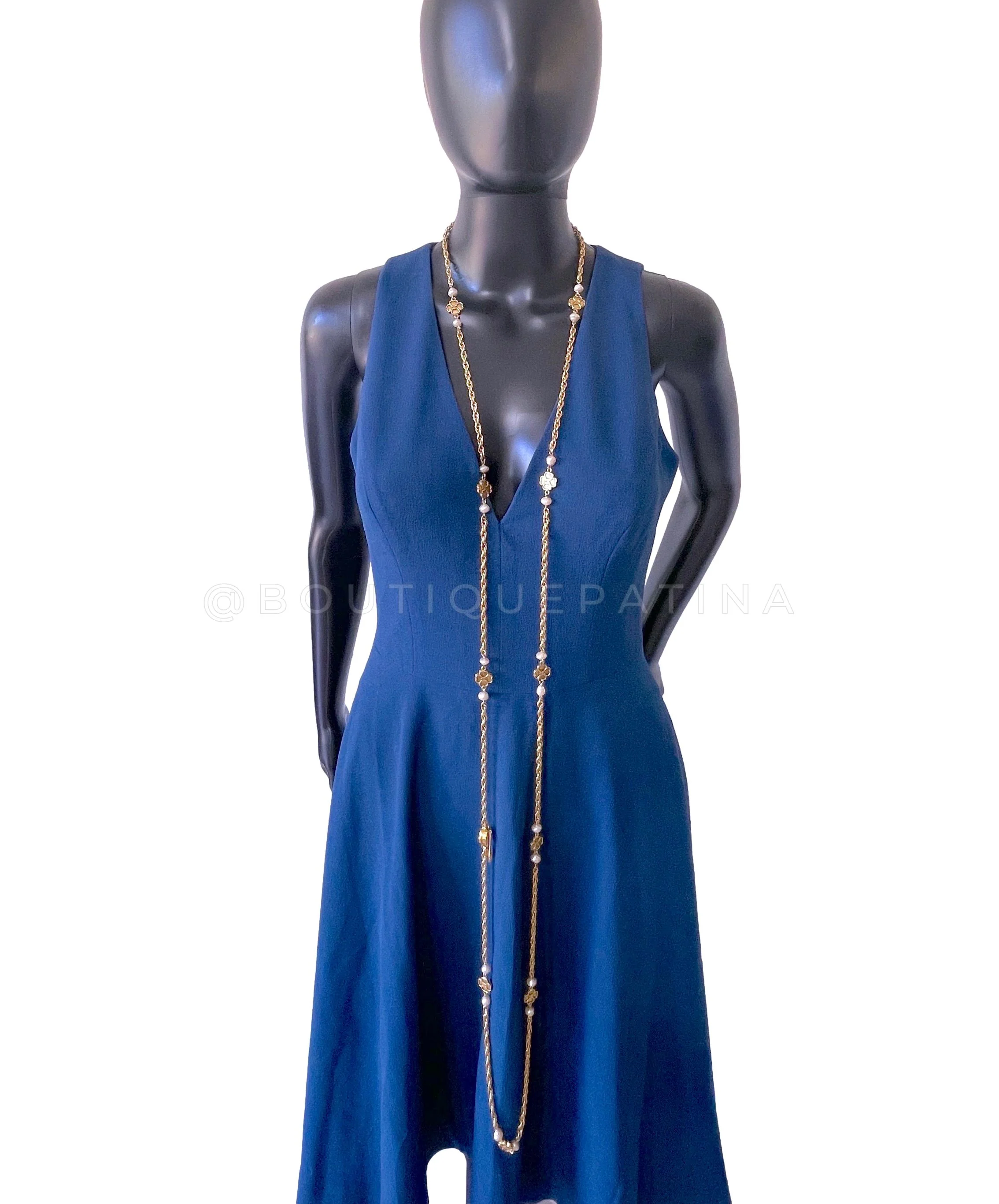 Chanel 1983 Vintage 74" Long Station Necklace Camellia Logos and Pearl - Image 10
