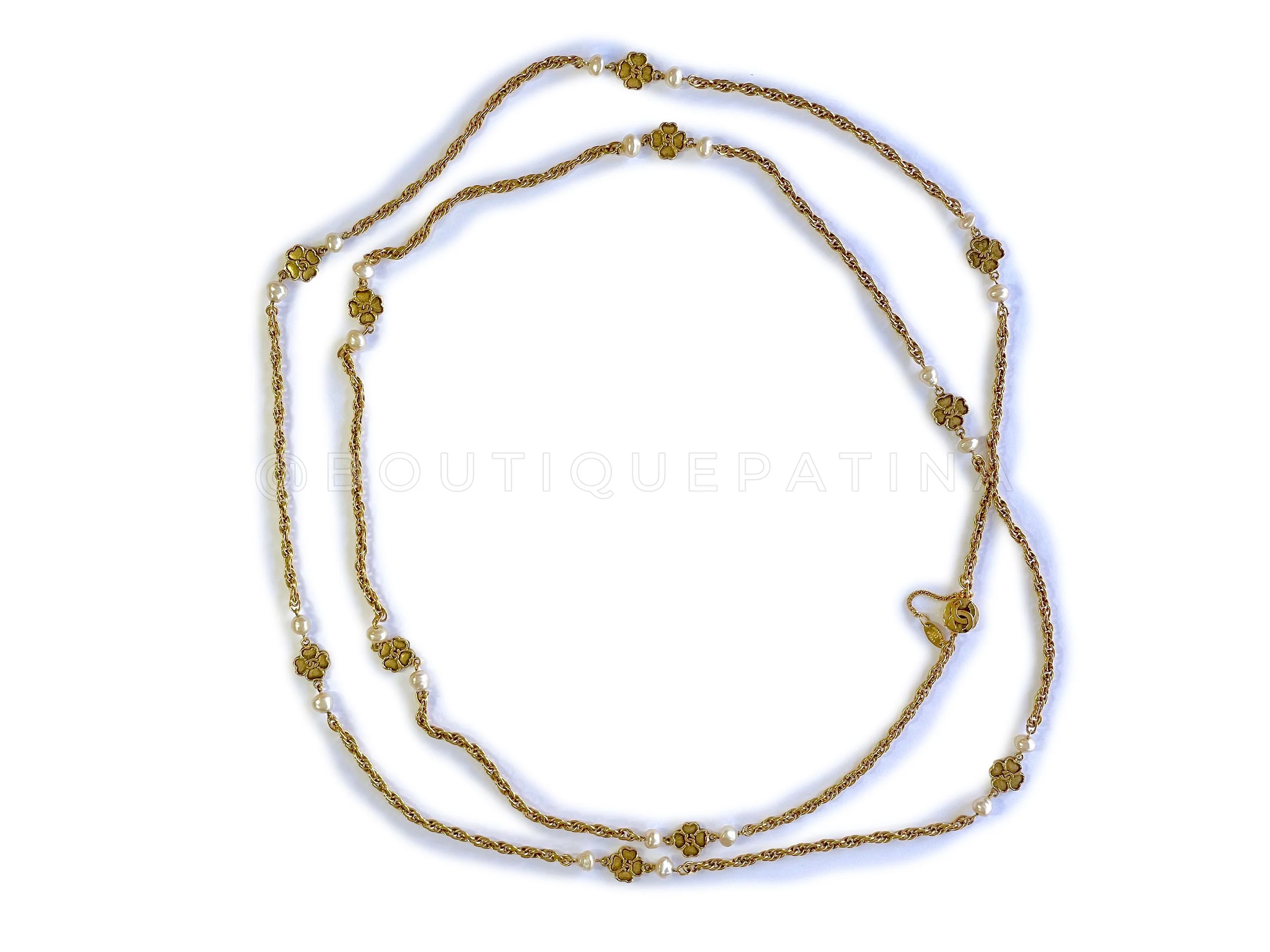 Chanel 1983 Vintage 74" Long Station Necklace Camellia Logos and Pearl - Image 11