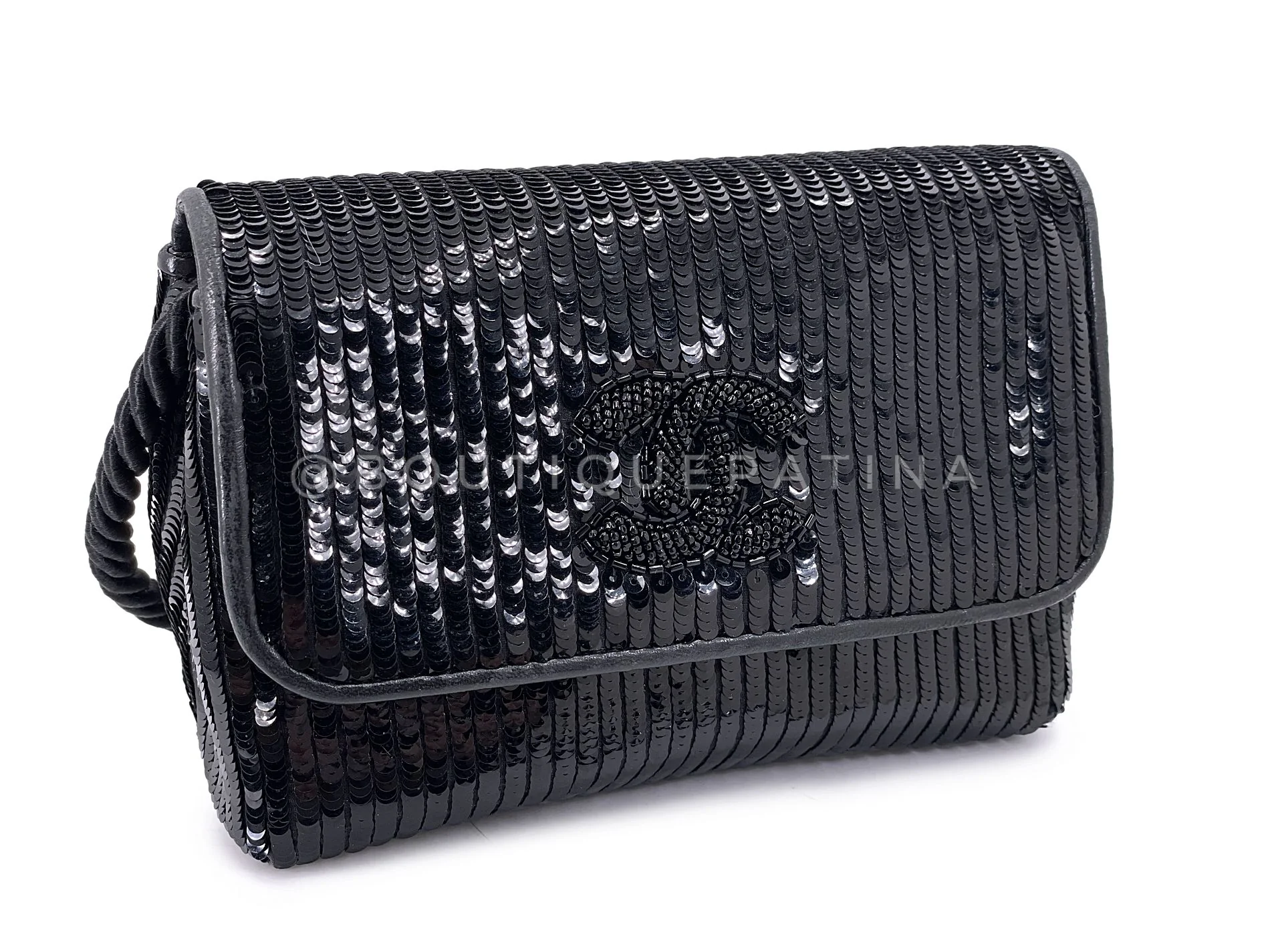 Chanel 1986 Vintage Black Sequin Evening Clutch Crossbody Bag K2J - Image 3