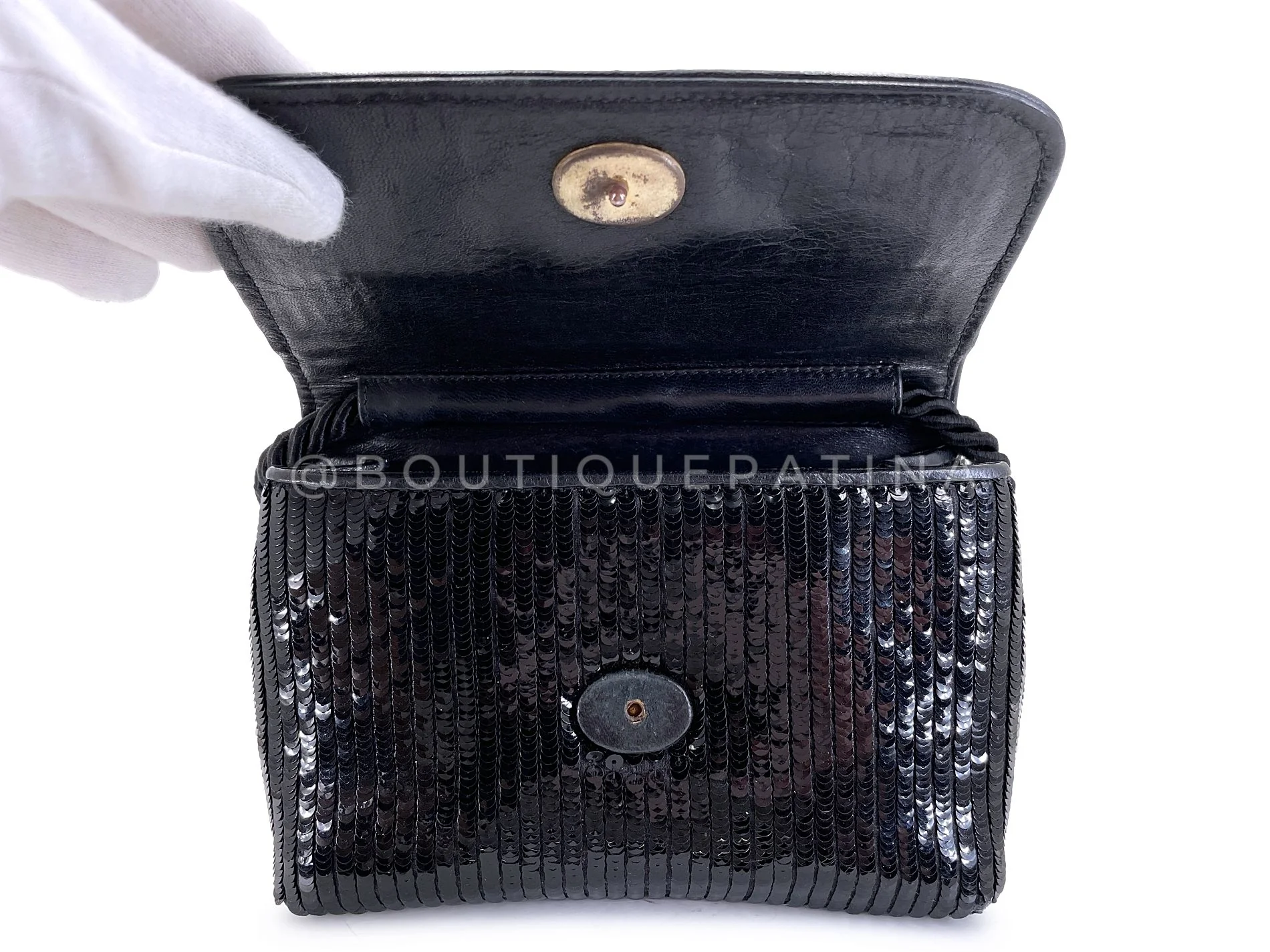 Chanel 1986 Vintage Black Sequin Evening Clutch Crossbody Bag K2J - Image 9