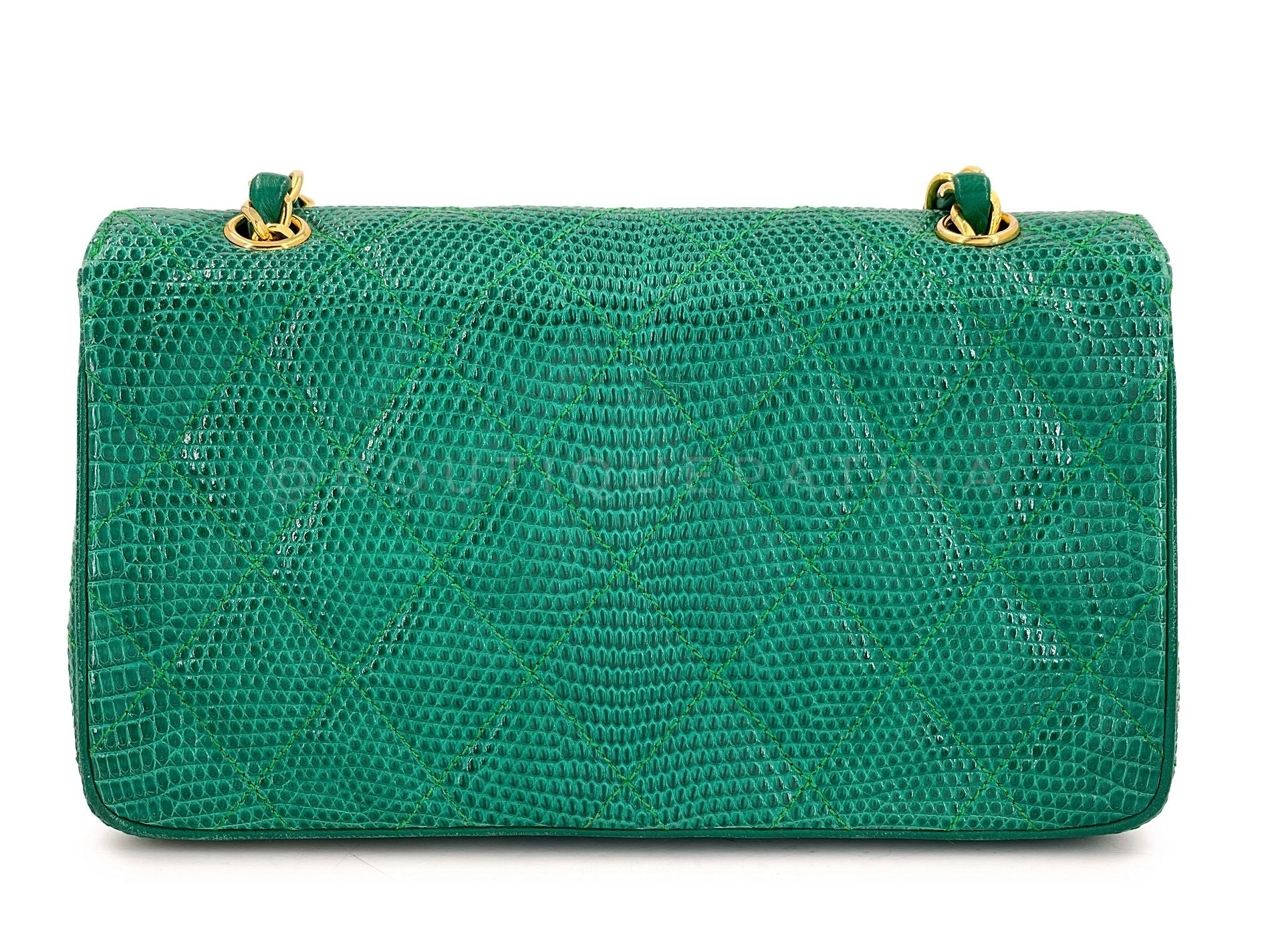 Chanel 1989 Vintage Green Shiny Lizard Mini Full Flap Bag 24k GHW NZ9 - Image 5