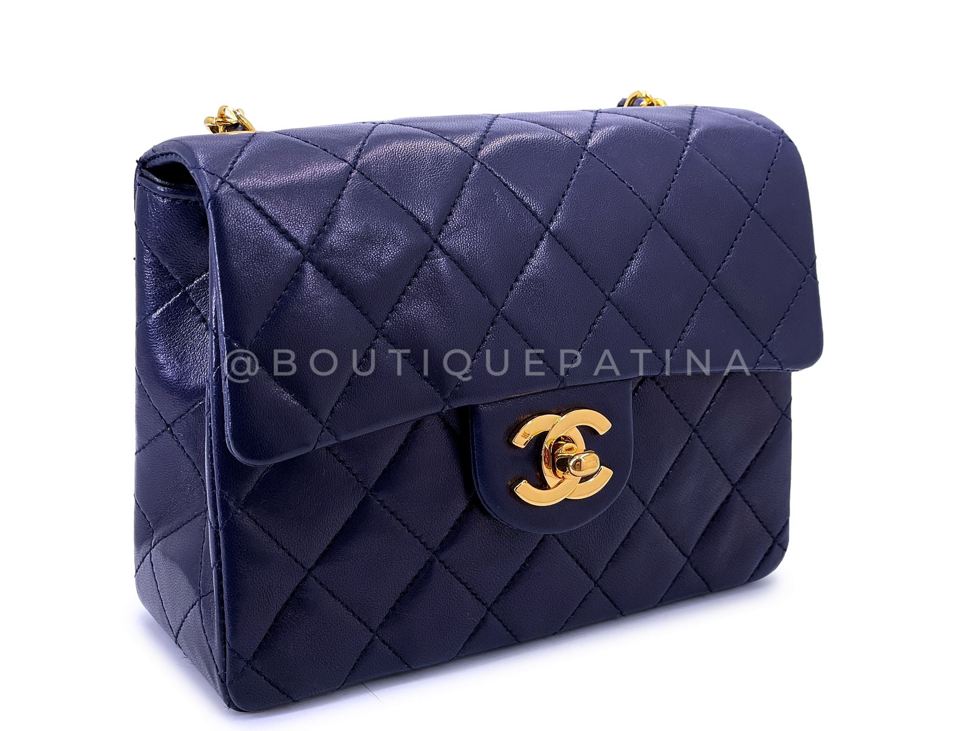 Chanel 1989 Vintage Navy Blue Square Mini Flap Bag 24k GHW Lambskin OW1 - Image 3