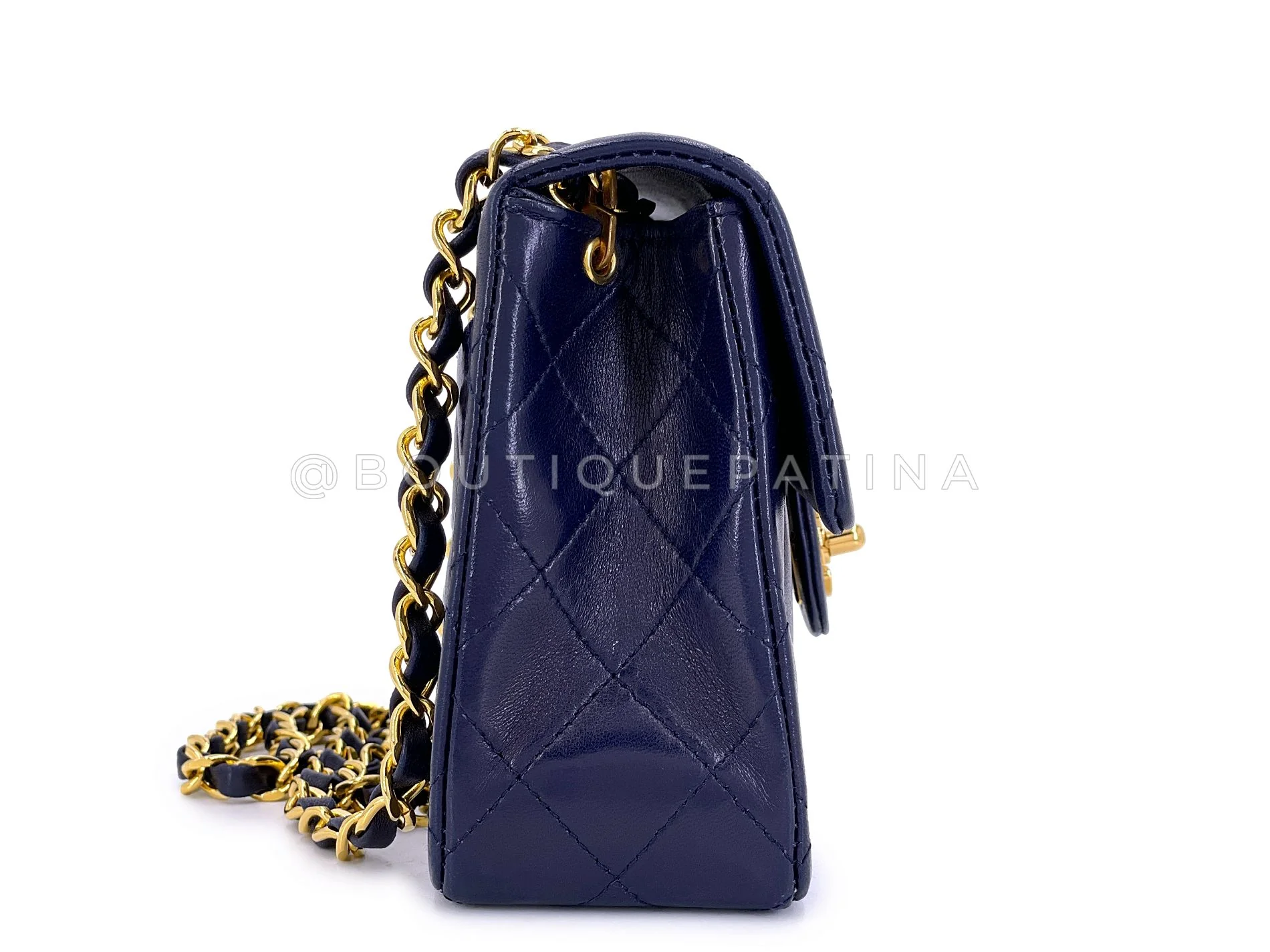 Chanel 1989 Vintage Navy Blue Square Mini Flap Bag 24k GHW Lambskin OW1 - Image 4