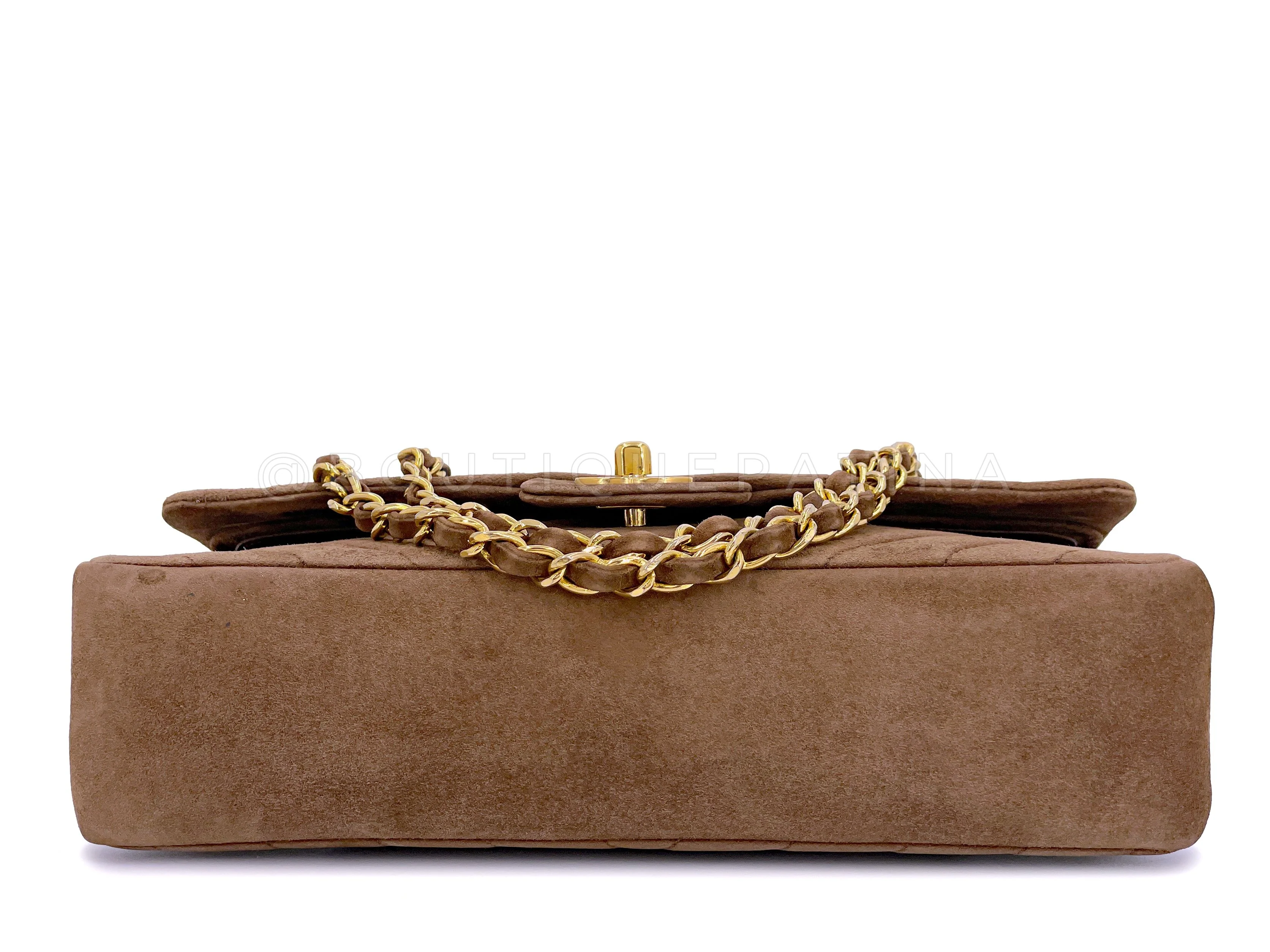 Chanel 1990 Vintage Suede Taupe Chevron Medium Flap Bag 24k GHW - Image 6