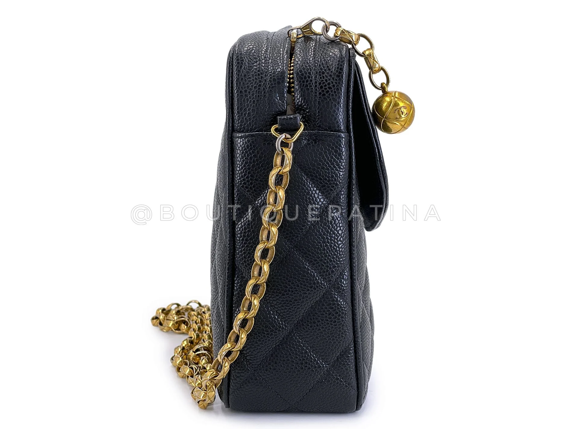 Chanel 1991 Vintage Black Caviar Etched Chain Camera Flap Bag 24k GHW OW0 - Image 4