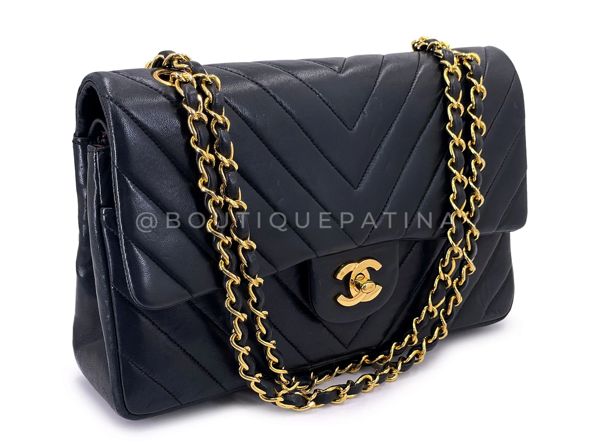Chanel 1991 Vintage Black Chevron Medium Classic Double Flap Bag 24k GHW M6T - Image 2