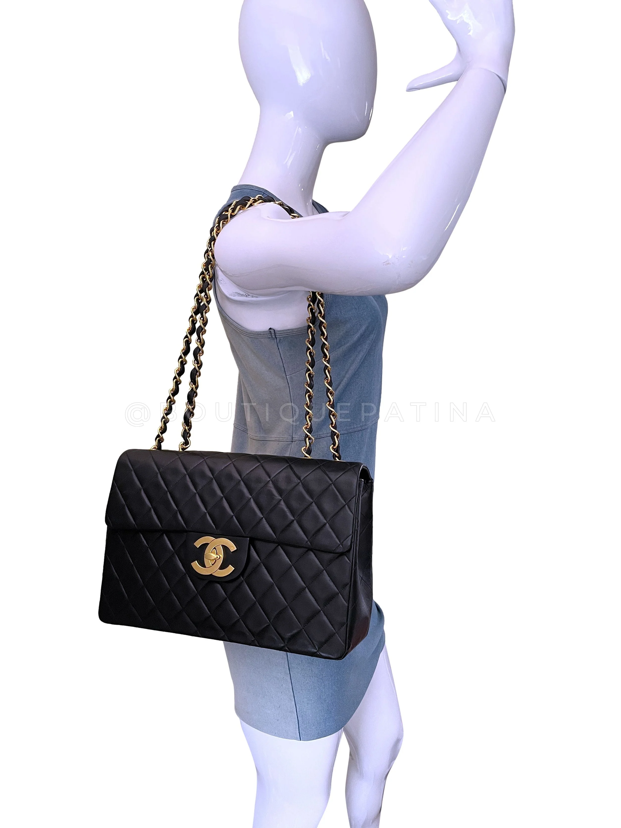 Chanel 1993 Vintage Black Maxi Classic Flap Bag 24k GHW Lambskin "Jumbo XL" FTD - Image 15