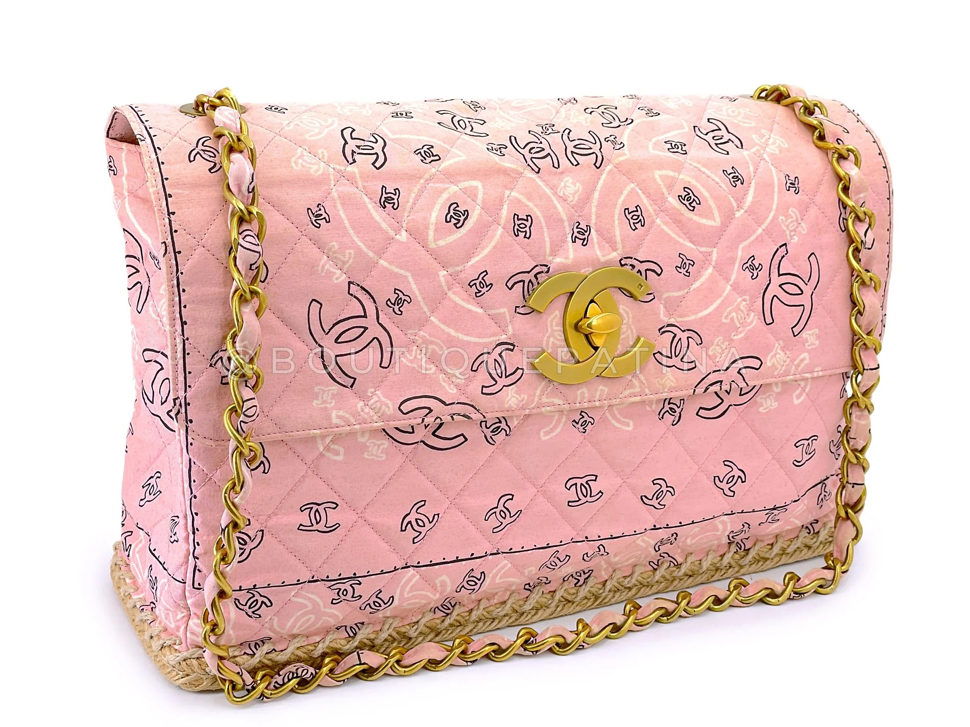 Chanel 1994 Vintage Baby Pink Bandana Maxi Straw Jumbo Flap Bag Paisley Print X43 - Image 2