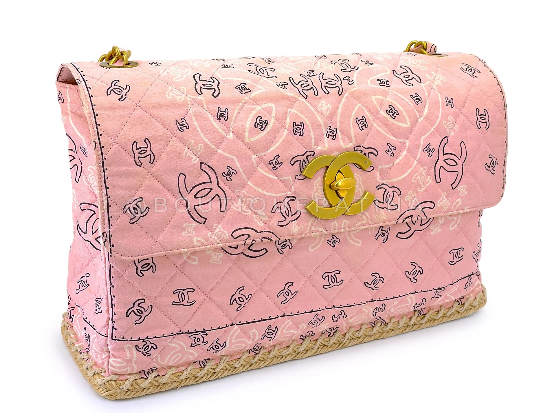 Chanel 1994 Vintage Baby Pink Bandana Maxi Straw Jumbo Flap Bag Paisley Print X43 - Image 3