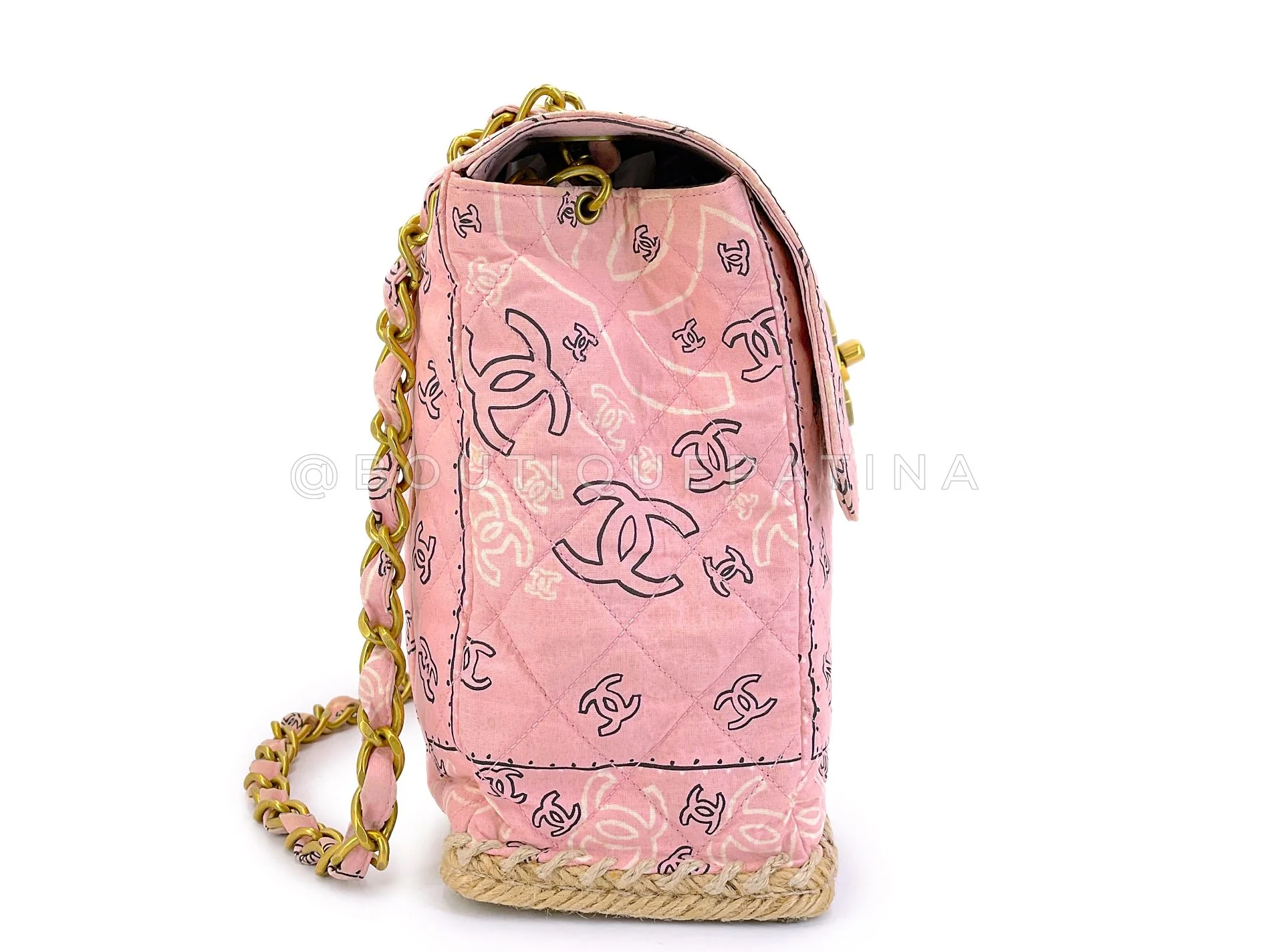 Chanel 1994 Vintage Baby Pink Bandana Maxi Straw Jumbo Flap Bag Paisley Print X43 - Image 4
