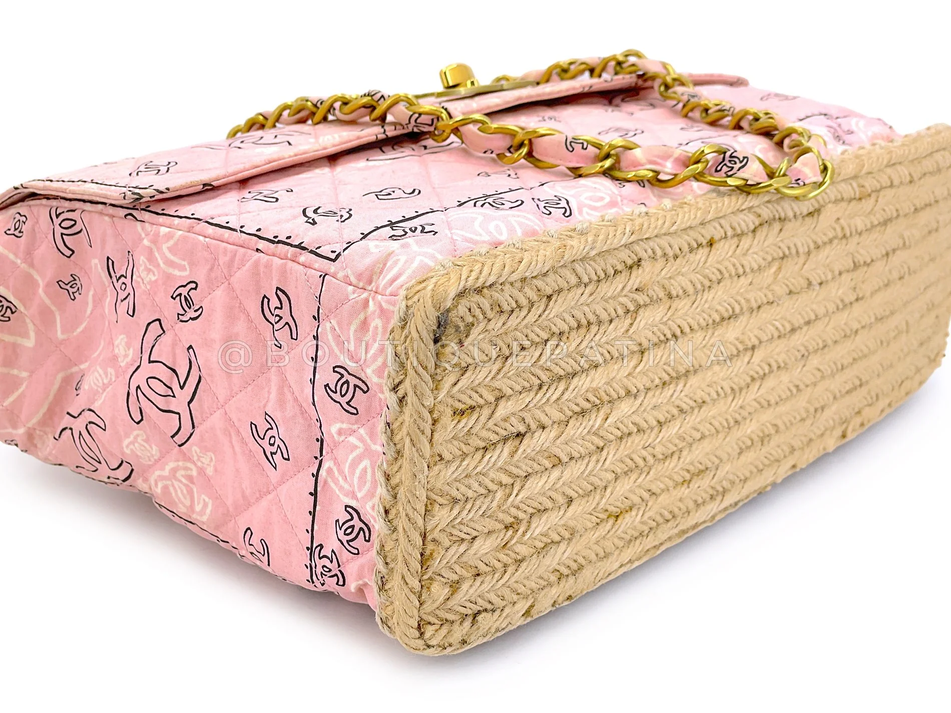 Chanel 1994 Vintage Baby Pink Bandana Maxi Straw Jumbo Flap Bag Paisley Print X43 - Image 7