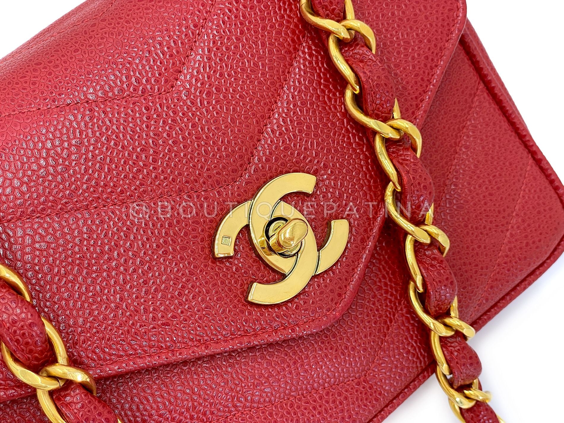 Chanel 1994 Vintage Red Caviar Mini Flap Bag Chevron 24k GHW 3ZJ - Image 8