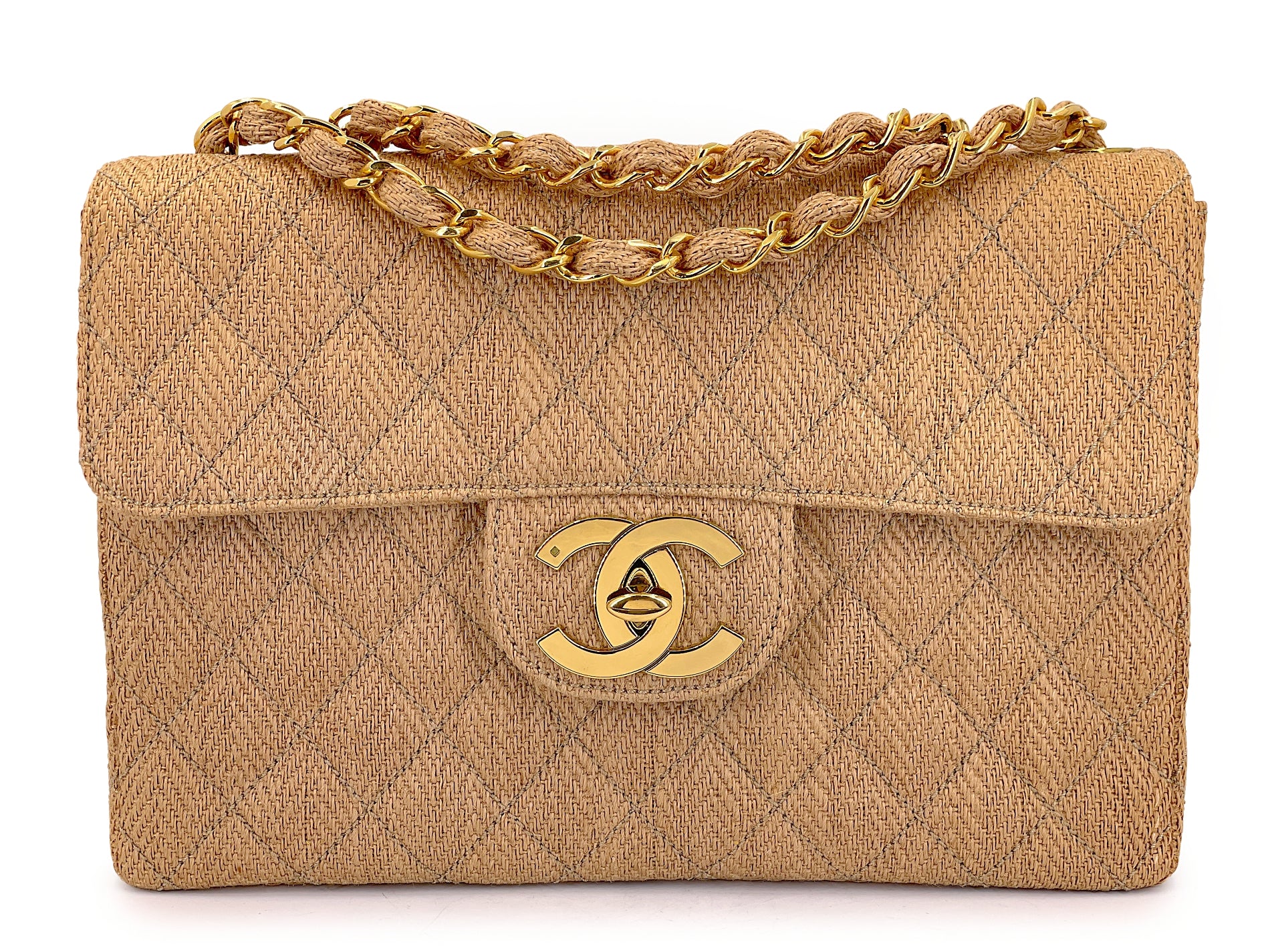 Chanel 1994 Vintage Wool Tweed Beige Quilted Classic Jumbo Clutch Flap Bag 24k GHW