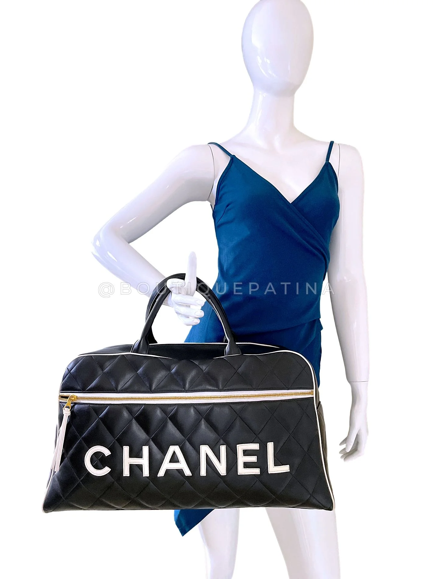 Chanel 1995 Vintage Black Letter Large Bowler Duffle Bag U3N - Image 13