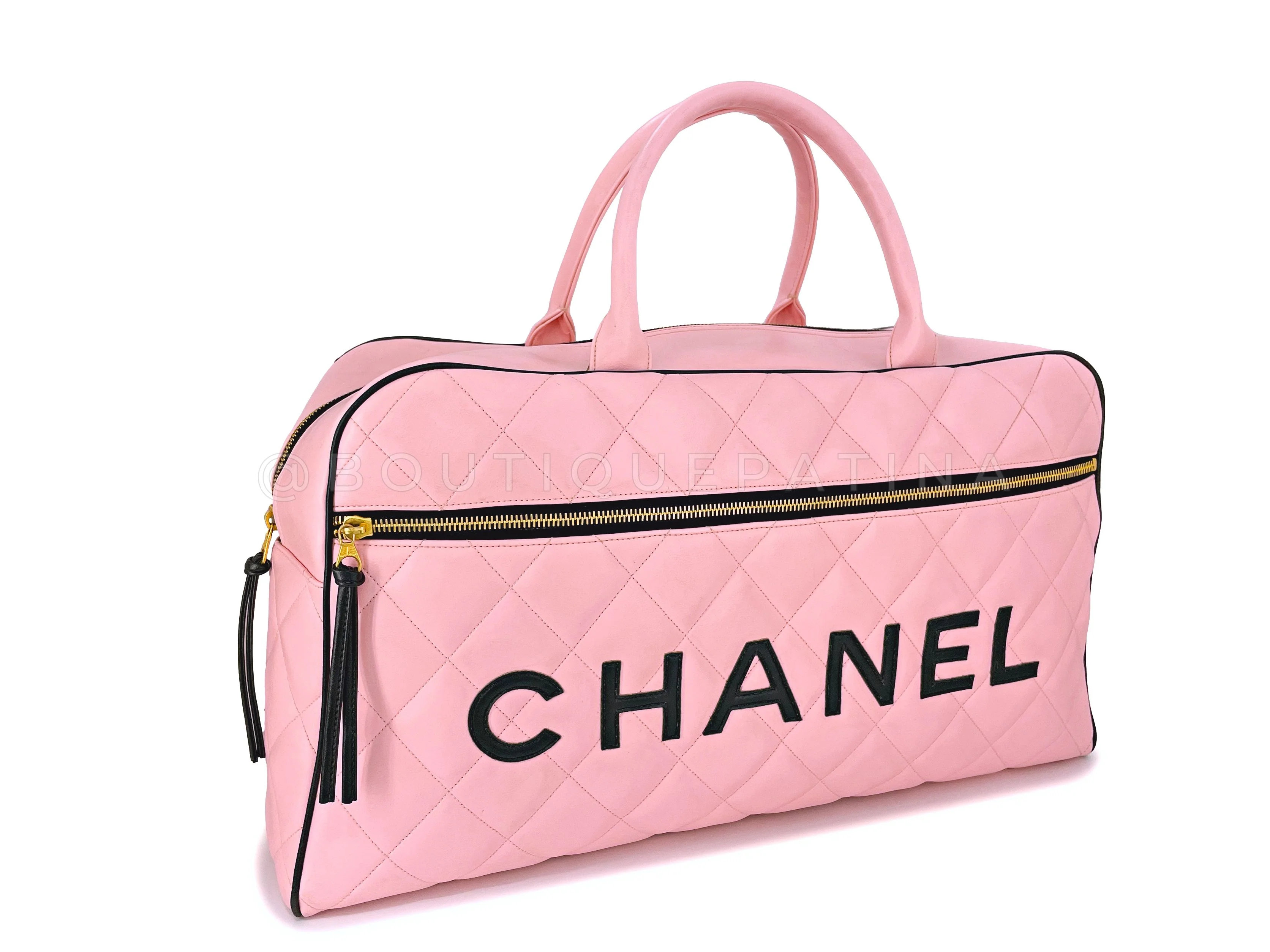 Chanel 1995 Vintage Pink XL Large Duffle Bowler Lettered Logo Bag 2B6 - Image 2