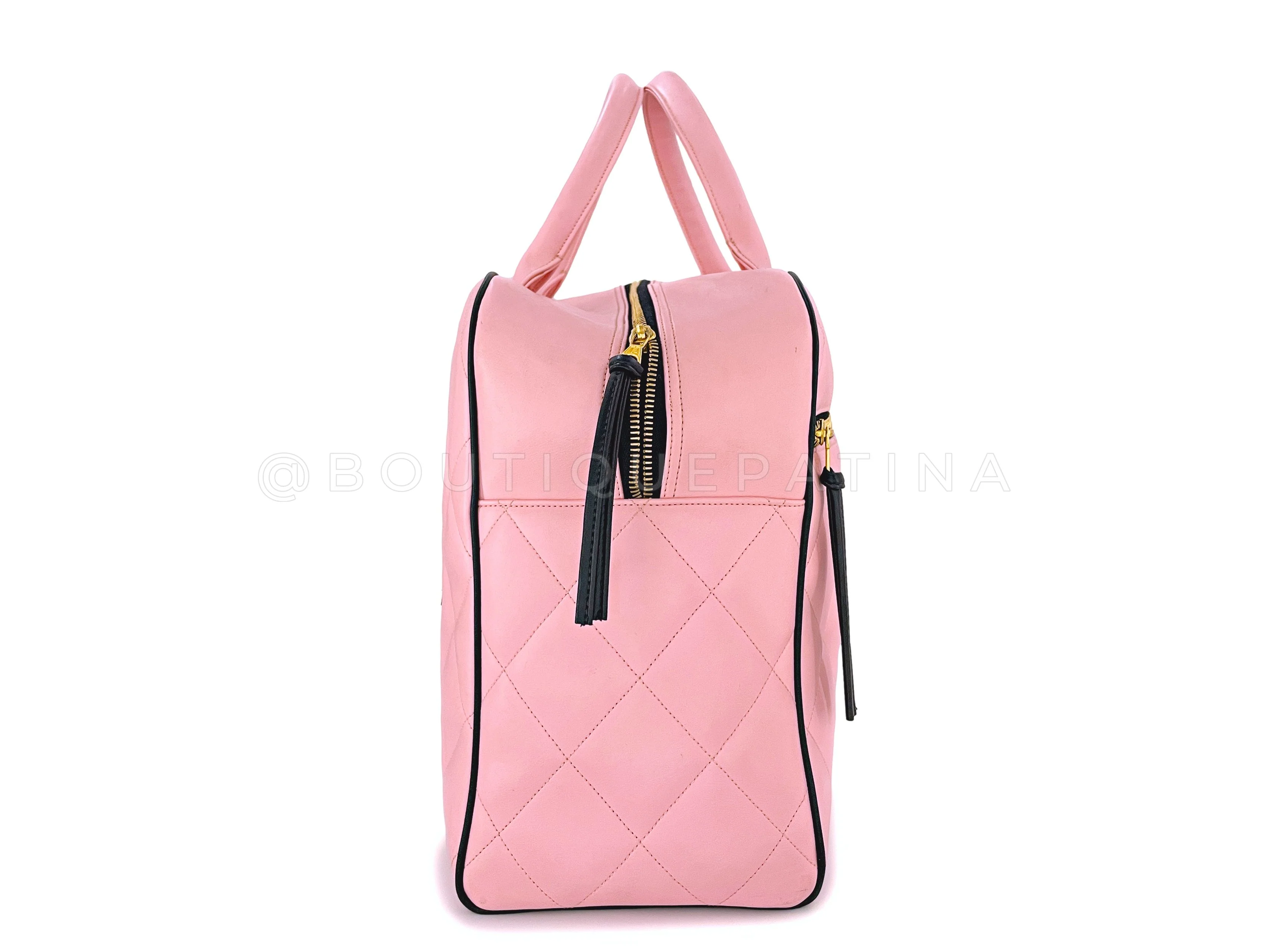 Chanel 1995 Vintage Pink XL Large Duffle Bowler Lettered Logo Bag 2B6 - Image 3