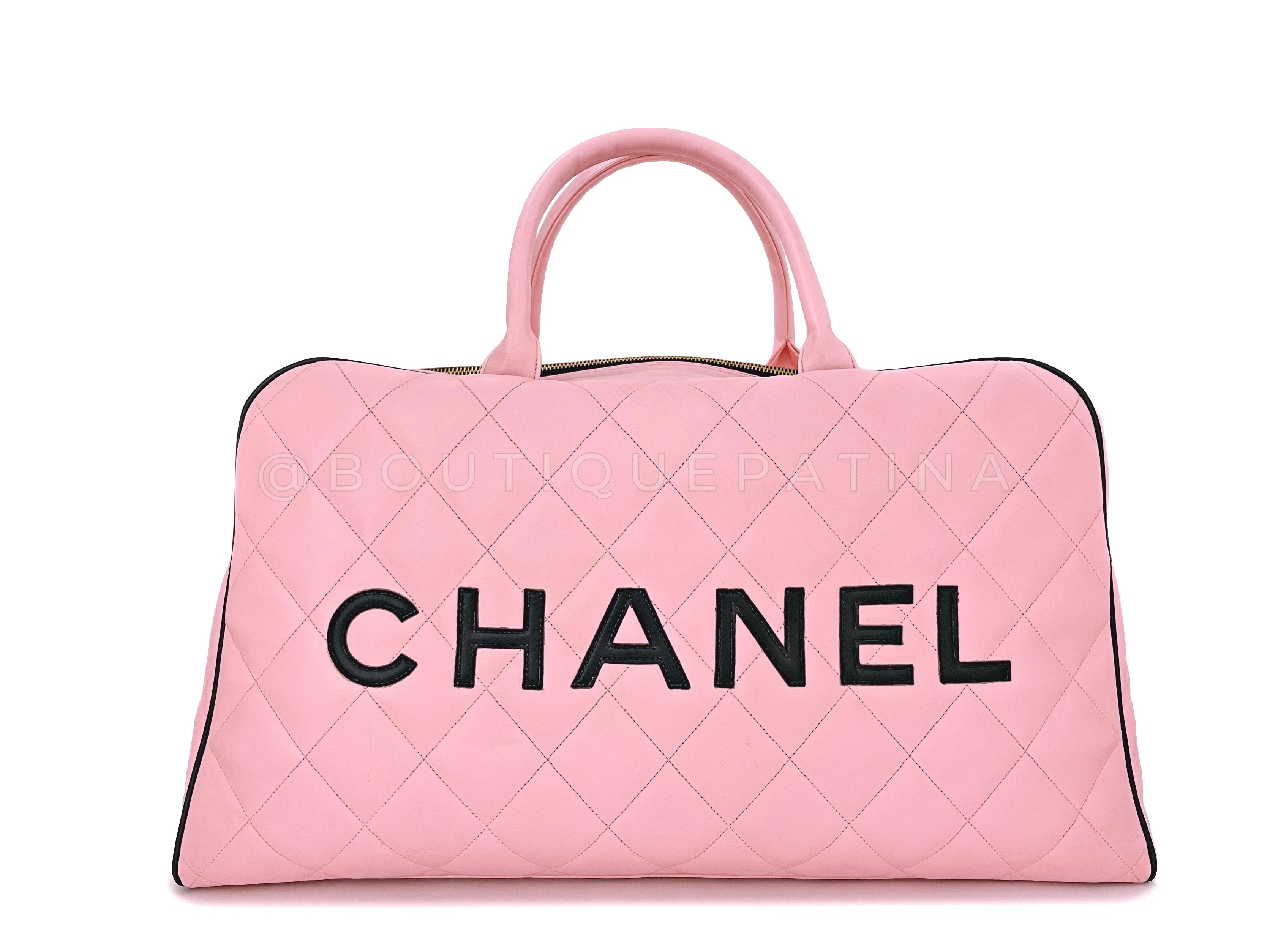 Chanel 1995 Vintage Pink XL Large Duffle Bowler Lettered Logo Bag 2B6 - Image 4