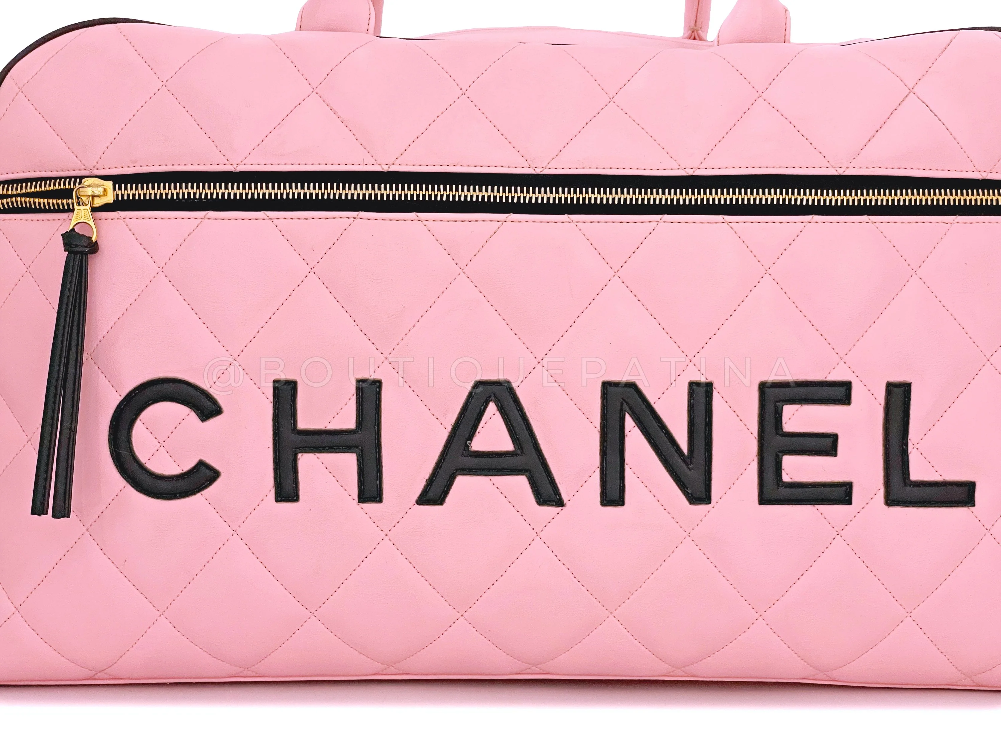 Chanel 1995 Vintage Pink XL Large Duffle Bowler Lettered Logo Bag 2B6 - Image 7