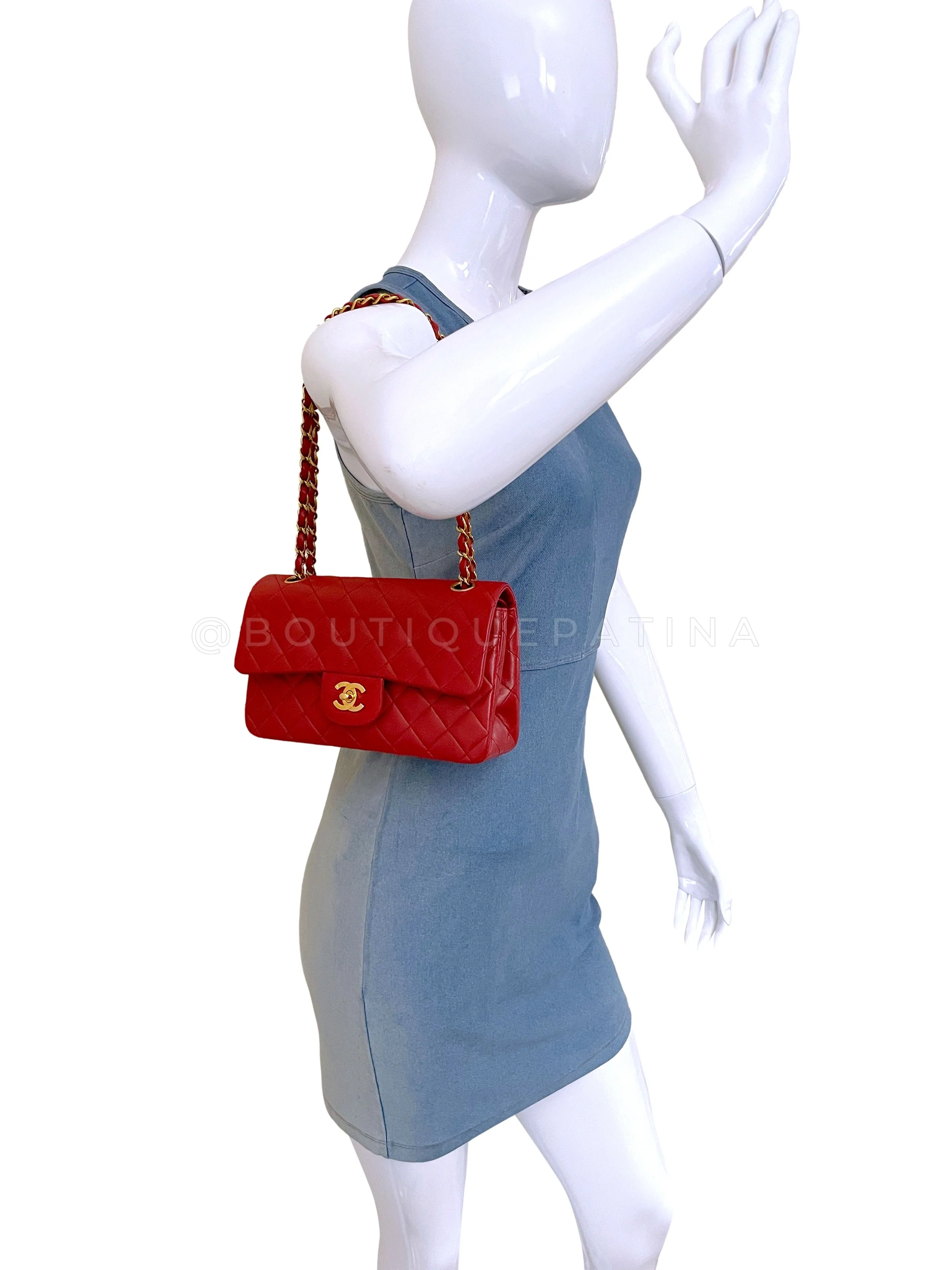 Chanel 1995 Vintage Red Small Classic Double Flap Bag 24k GHW Lambskin - Image 15
