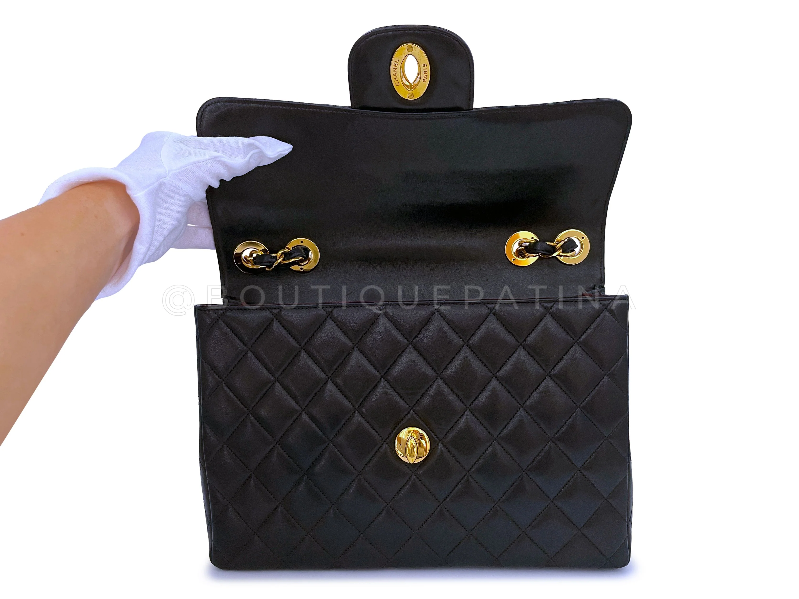 Chanel 1997 Vintage Black Jumbo Classic Flap Bag 24k GHW Lambskin - Image 8