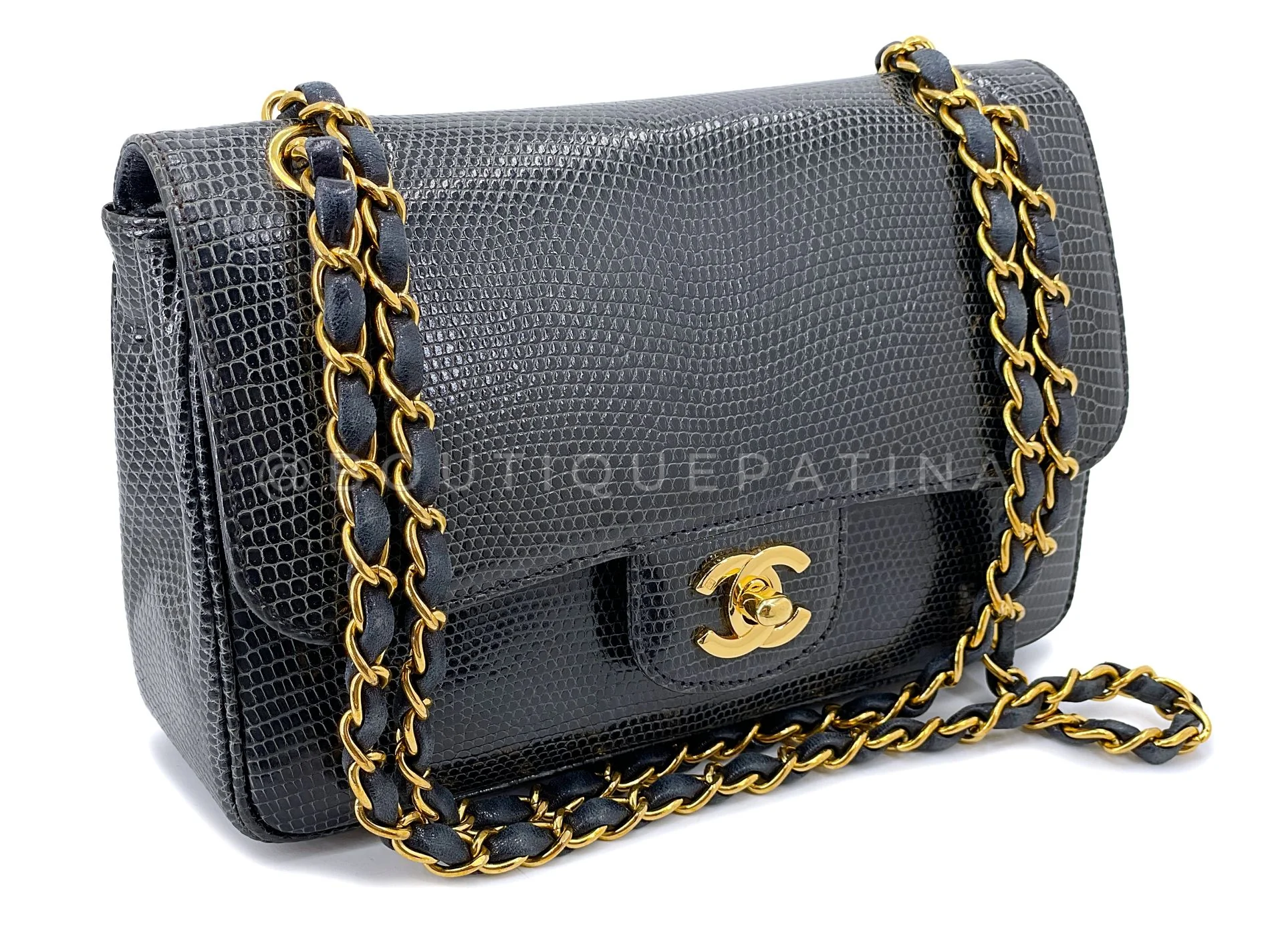 Chanel 1997 Vintage Charcoal Gray Lizard Small Classic Flap Bag 24k GHW PMF - Image 2