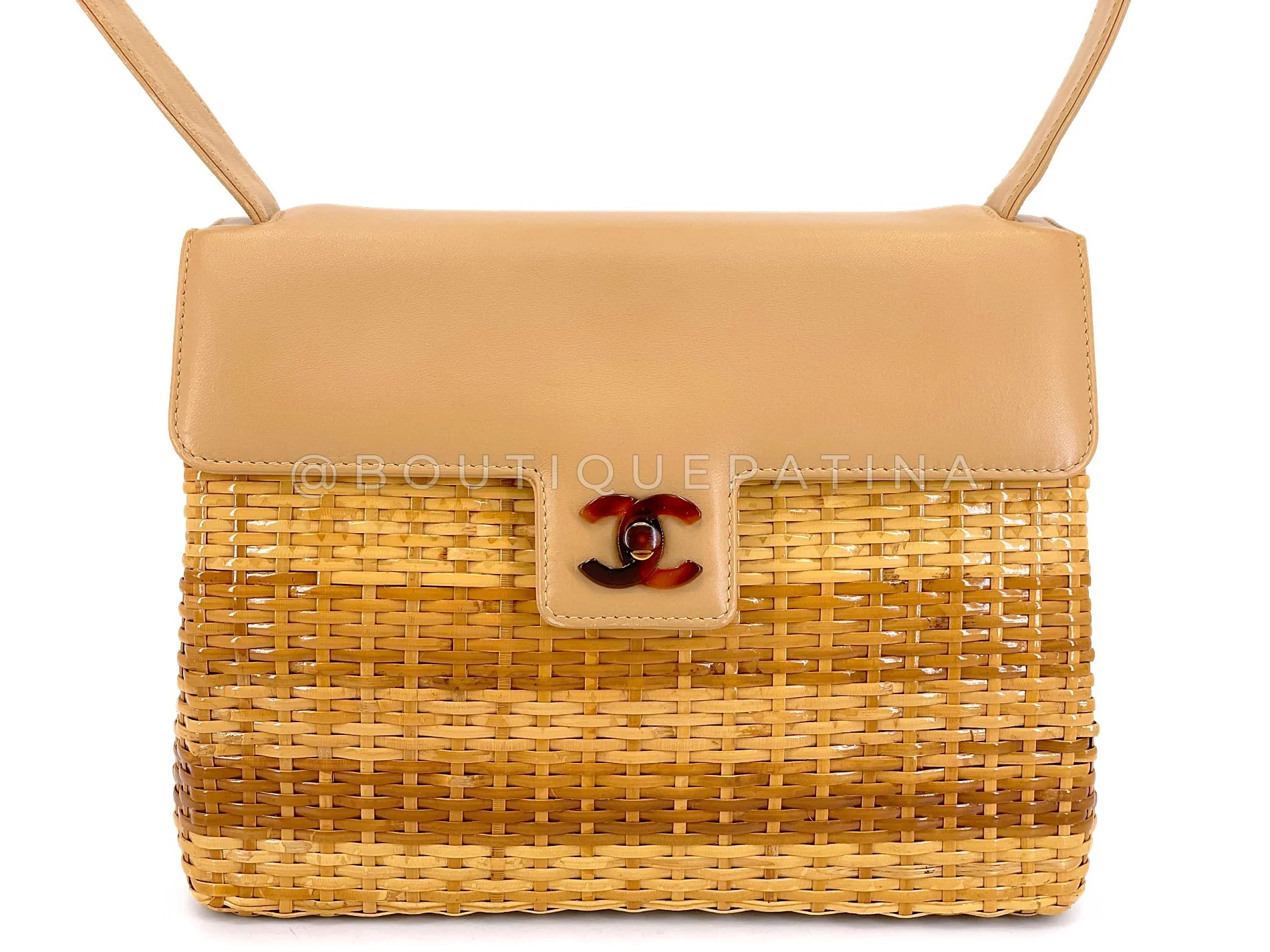 Chanel 1999 Vintage Rattan Wicker Picnic Flap Bag Beige Tortoise HW A3D - Image 2
