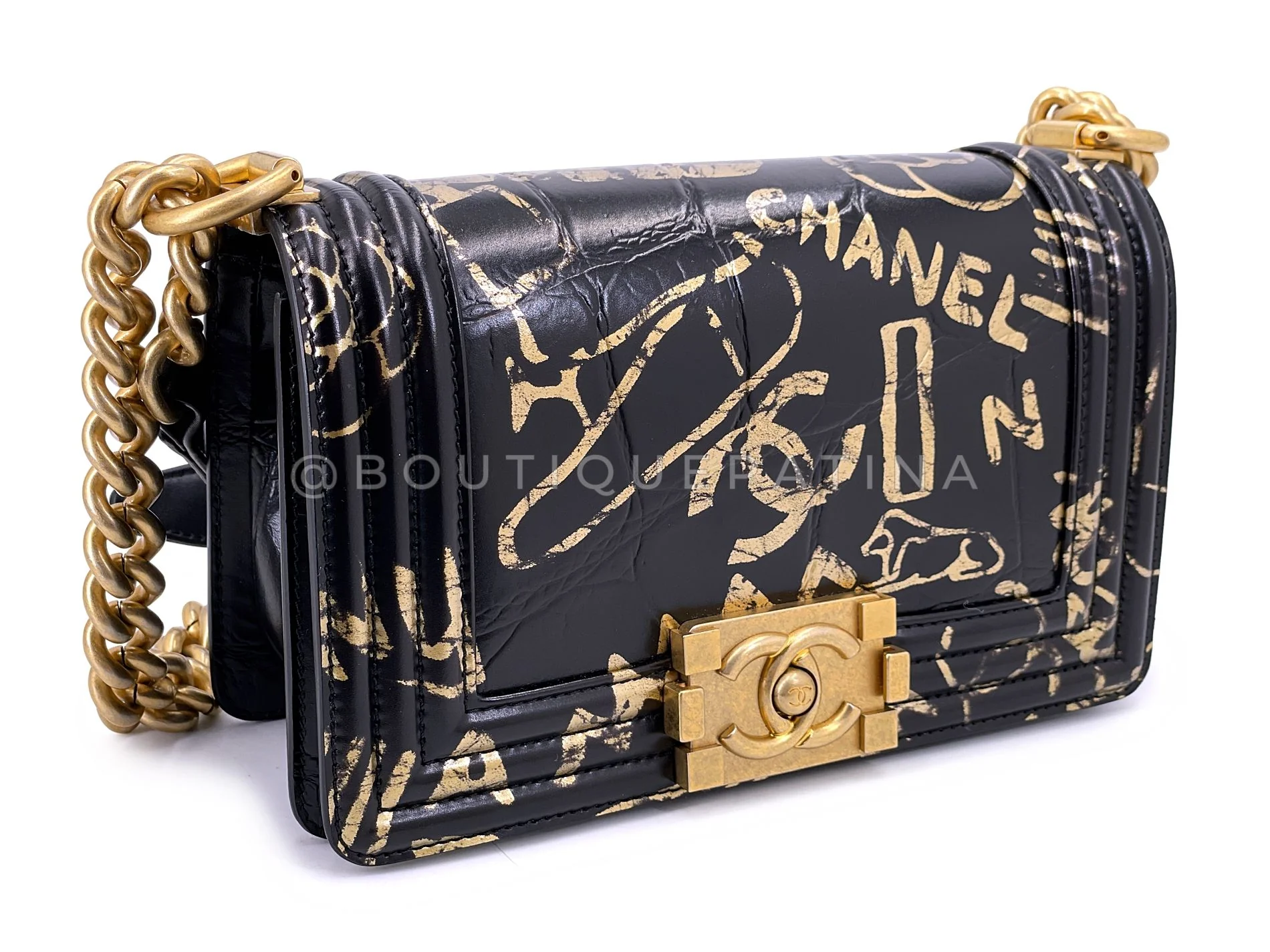 Chanel 19A Egypt Black Crocodile Print Graffiti Boy Bag Small GHW Paris-New York 509 - Image 3