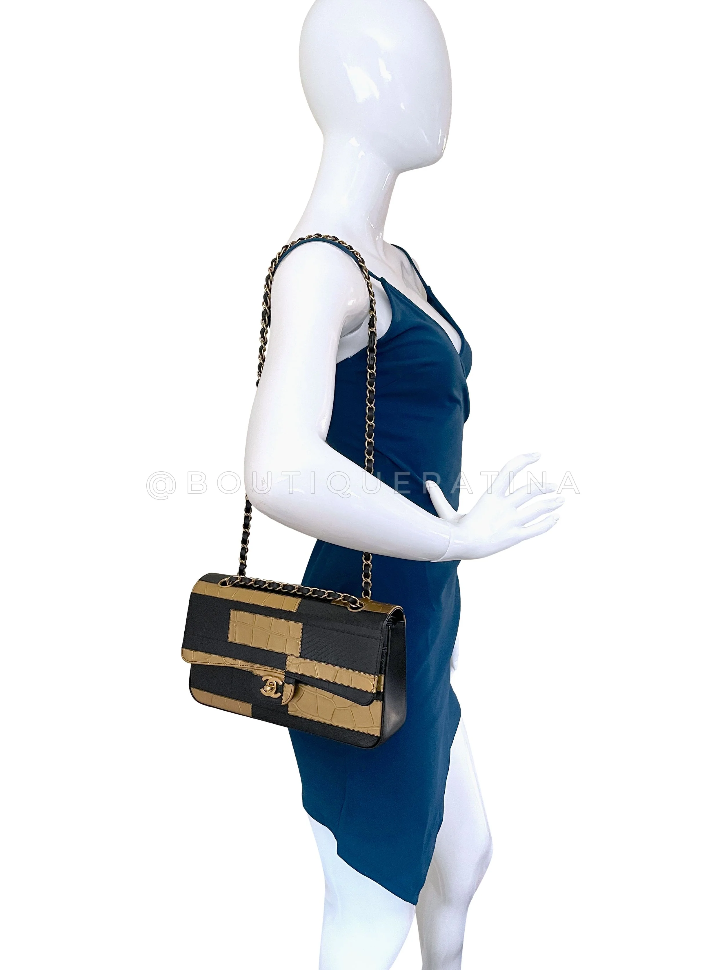 Chanel 19A Egypt Black/Gold Crocodile and Python Print Medium Classic Double Flap Bag GHW Paris-New York 925 - Image 12