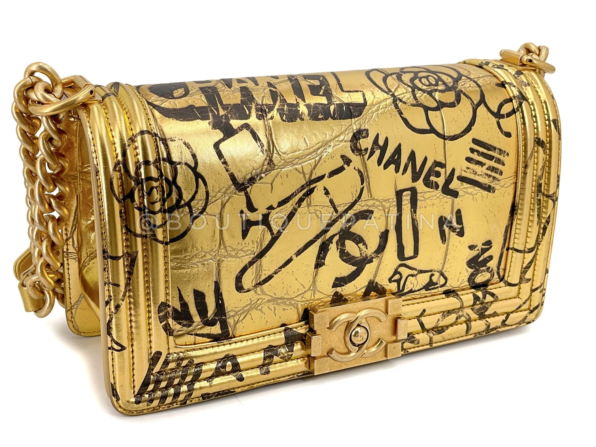 Chanel 19A Egypt Gold Crocodile Print Graffiti Boy Bag Medium GHW Paris-New York 8VU - Image 3