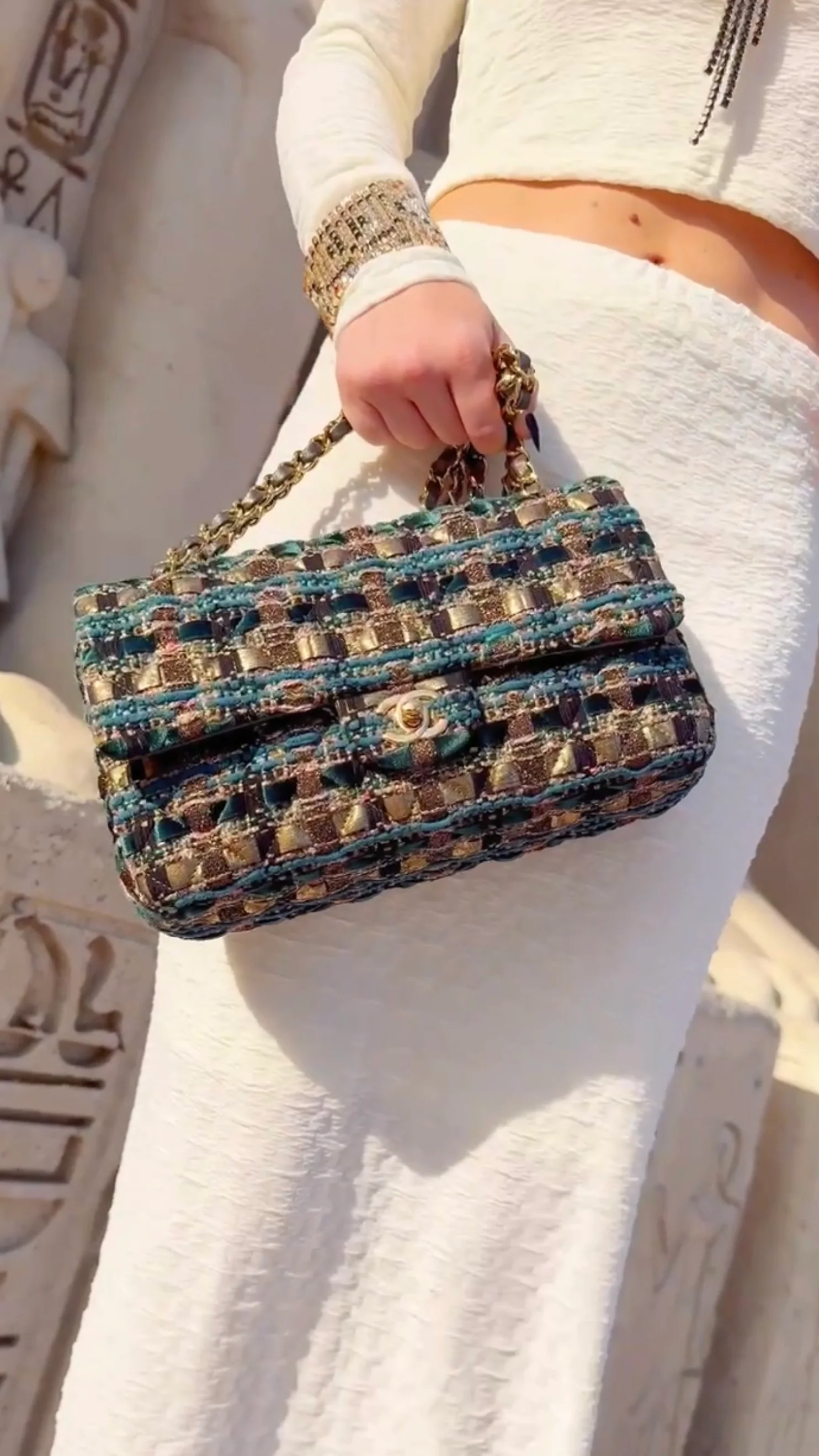 Chanel 19A Egypt Turquoise Multicolor Tweed Medium Classic Double Flap Bag GHW Paris-New York SIQ - Image 15