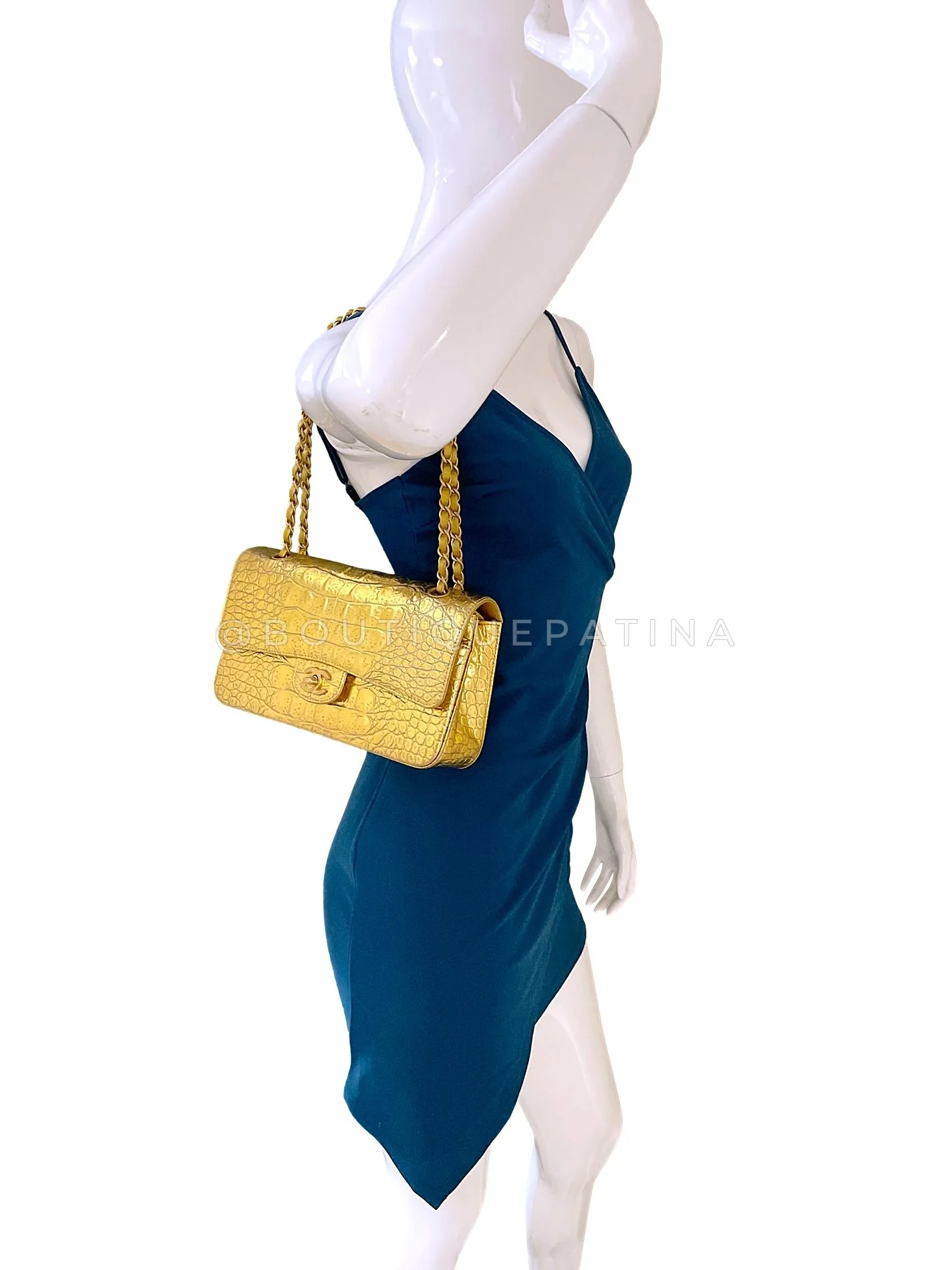 Chanel 19A Gold Crocodile Print Egyptian Medium Classic Double Flap Bag GHW Paris-New York LQL - Image 14