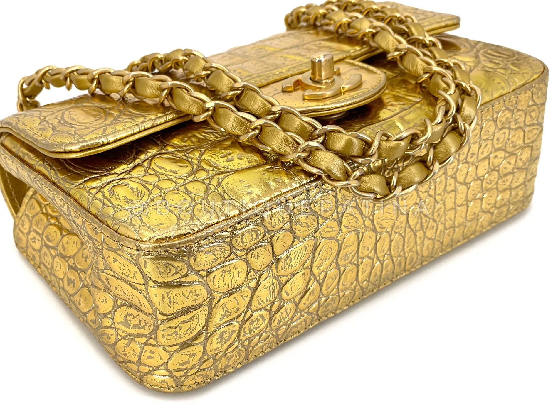 Chanel 19A Gold Crocodile Print Egyptian Mini Flap Bag GHW DG1 - Image 7