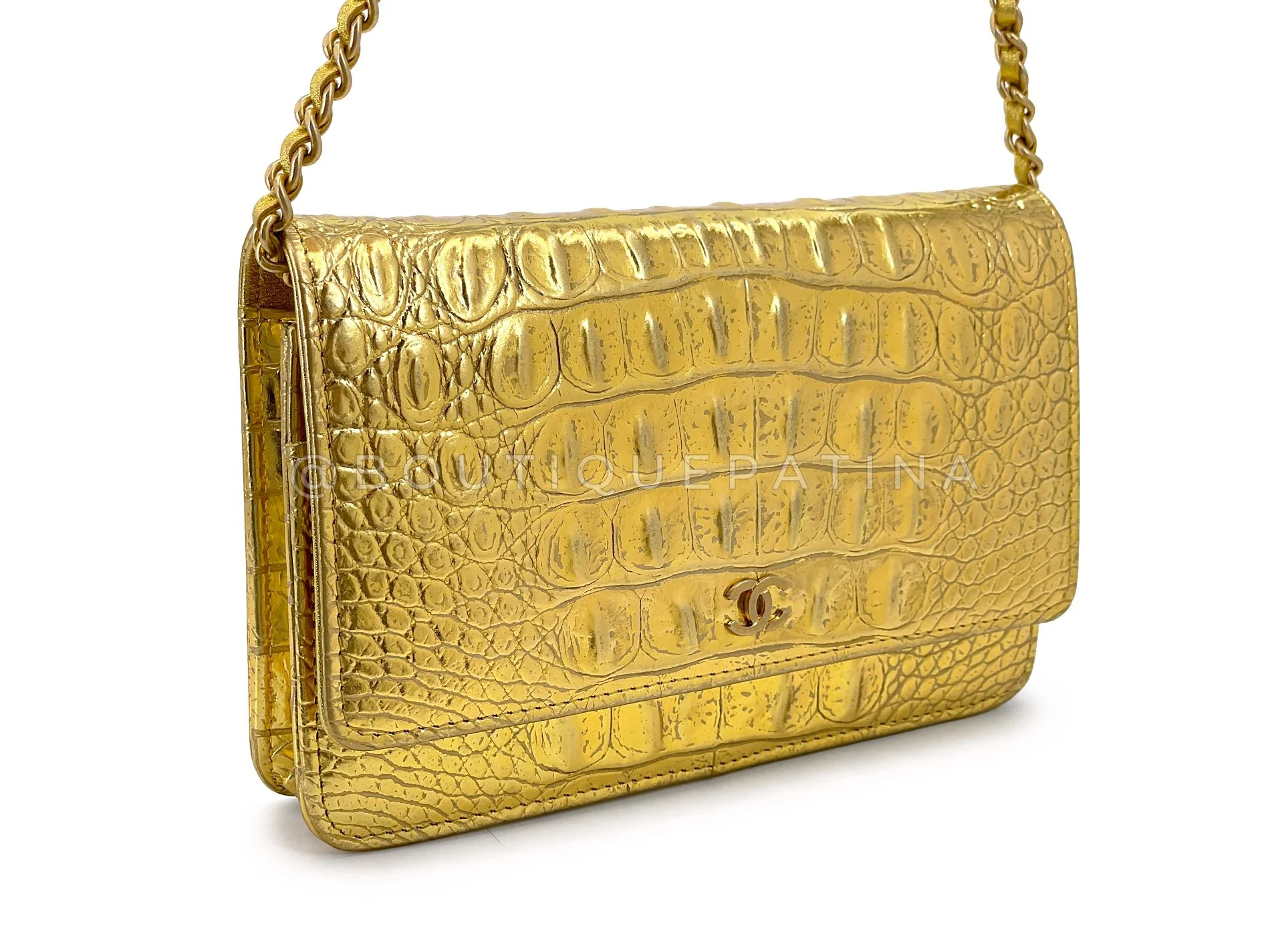 Chanel 19A Gold Egyptian Crocodile Print Wallet on Chain WOC Bag GHW 507 - Image 3