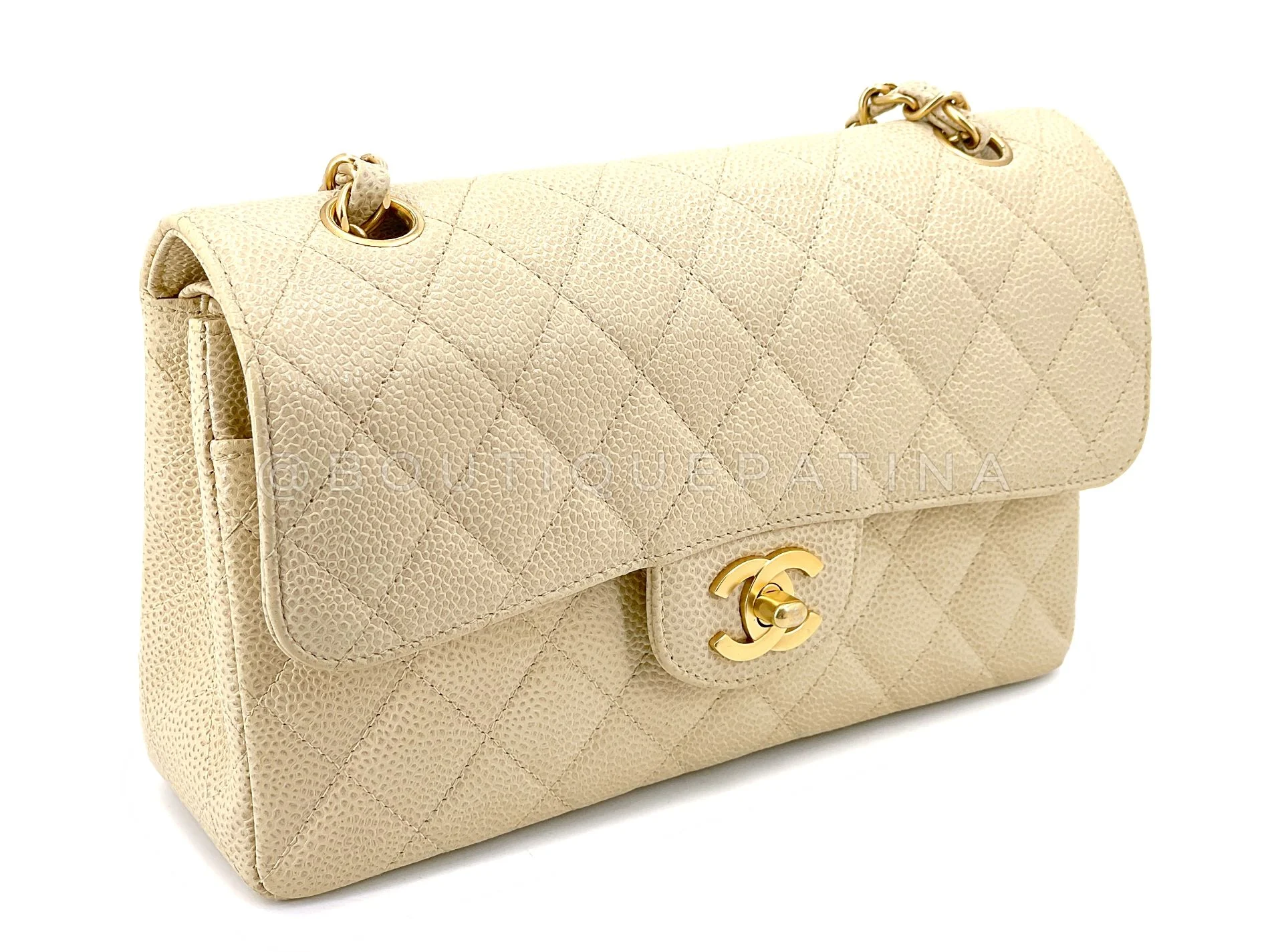 Chanel 2001 Vintage Mushroom Beige Speckled Caviar Small Classic Double Flap Bag Brushed 24k GHW CF4 - Image 3