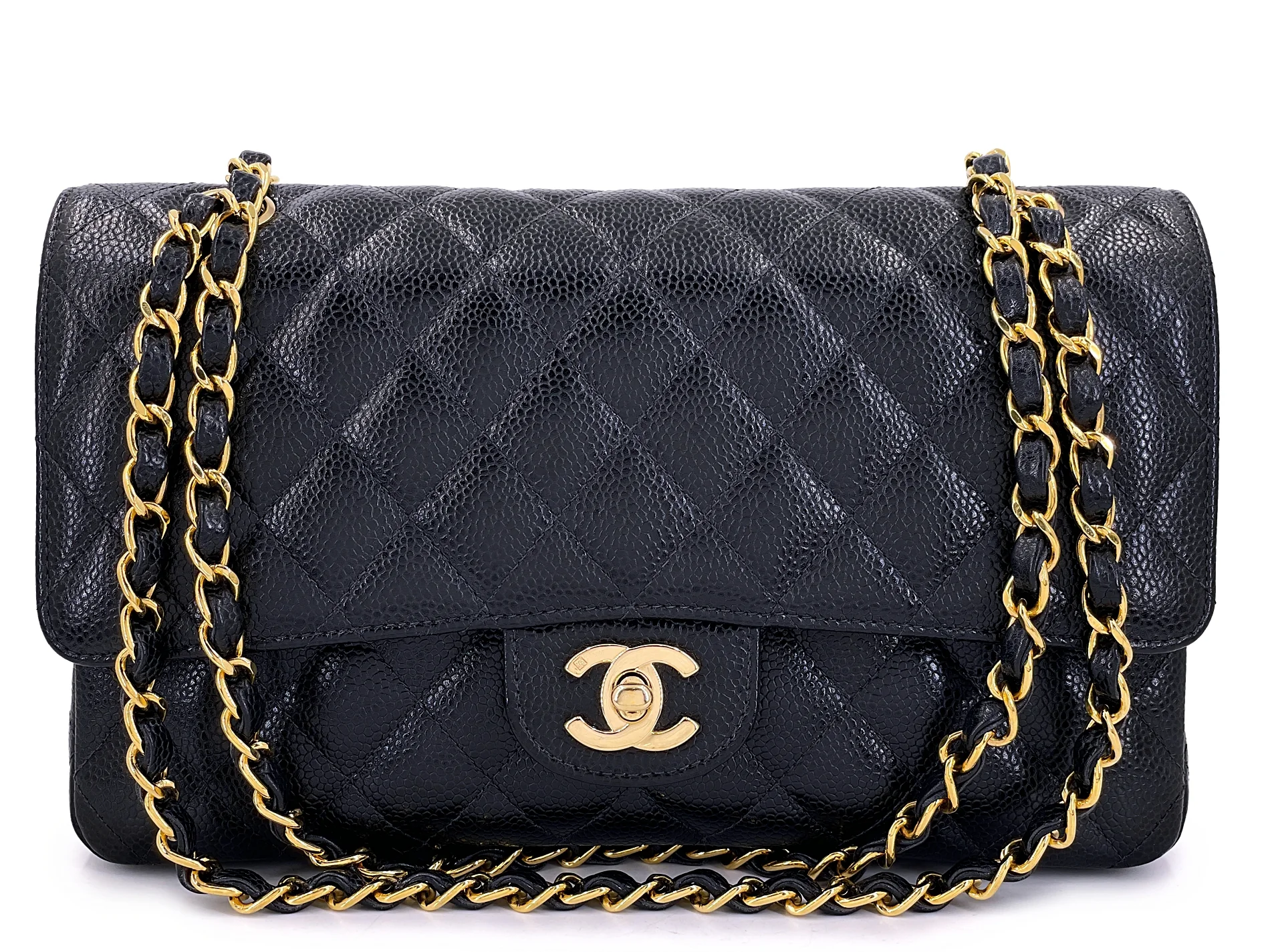 Chanel 2004 Vintage Black Caviar Medium Classic Double Flap Bag 24k GHW D3R