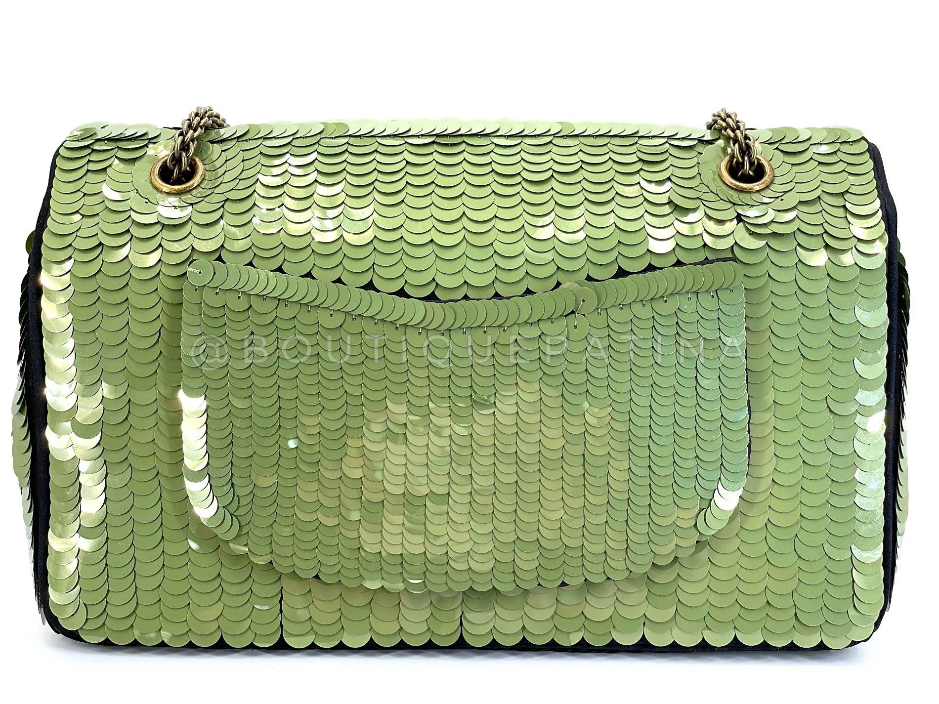 Chanel 2010 Green Sequin Satin Paris-Shanghai Medium Flap Bag GHW TO8 - Image 5